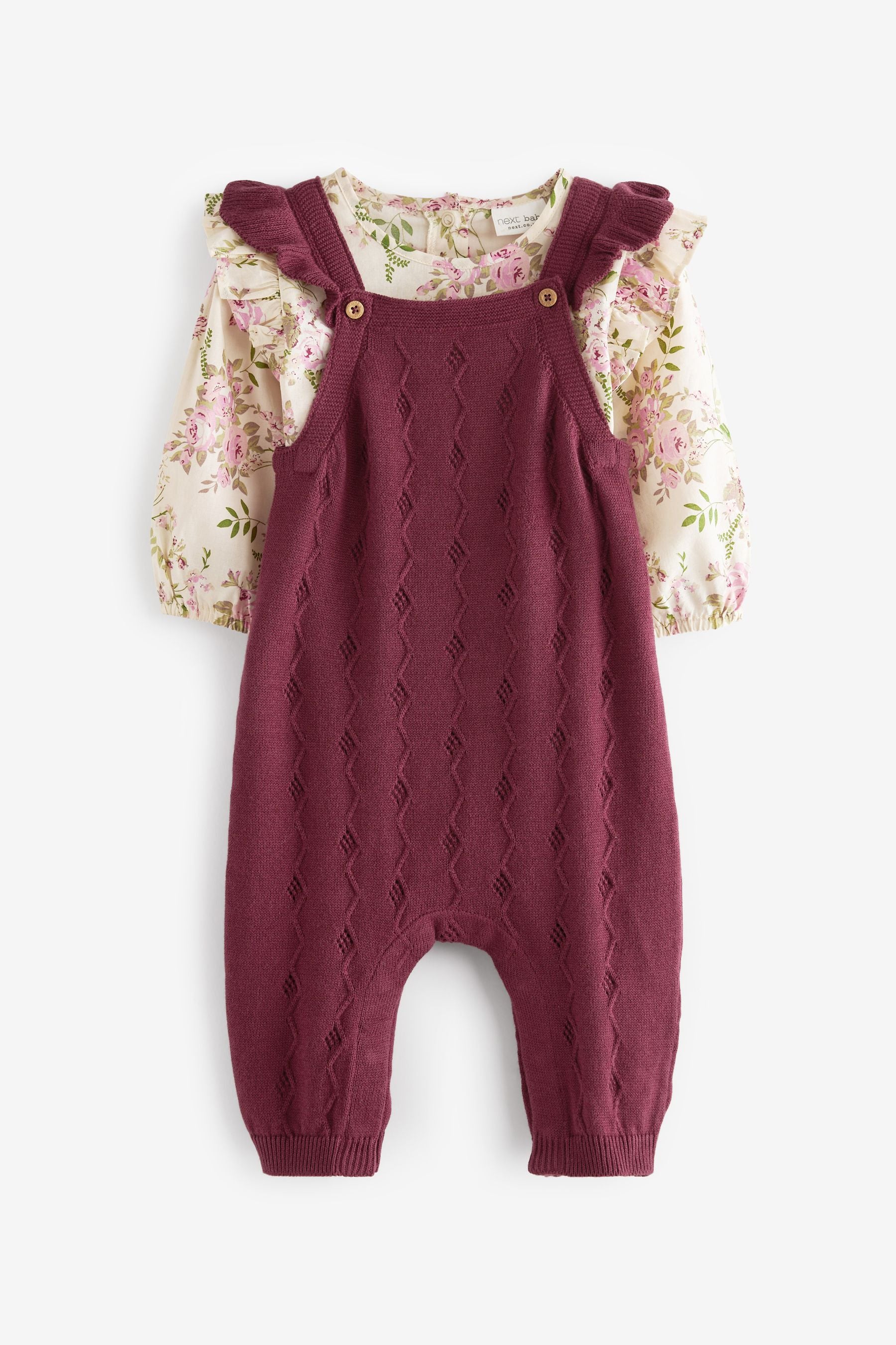 Berry Red Knitted Supersoft Baby Dungarees With Floral Printed Collared Bodysuit (0mths-2yrs)