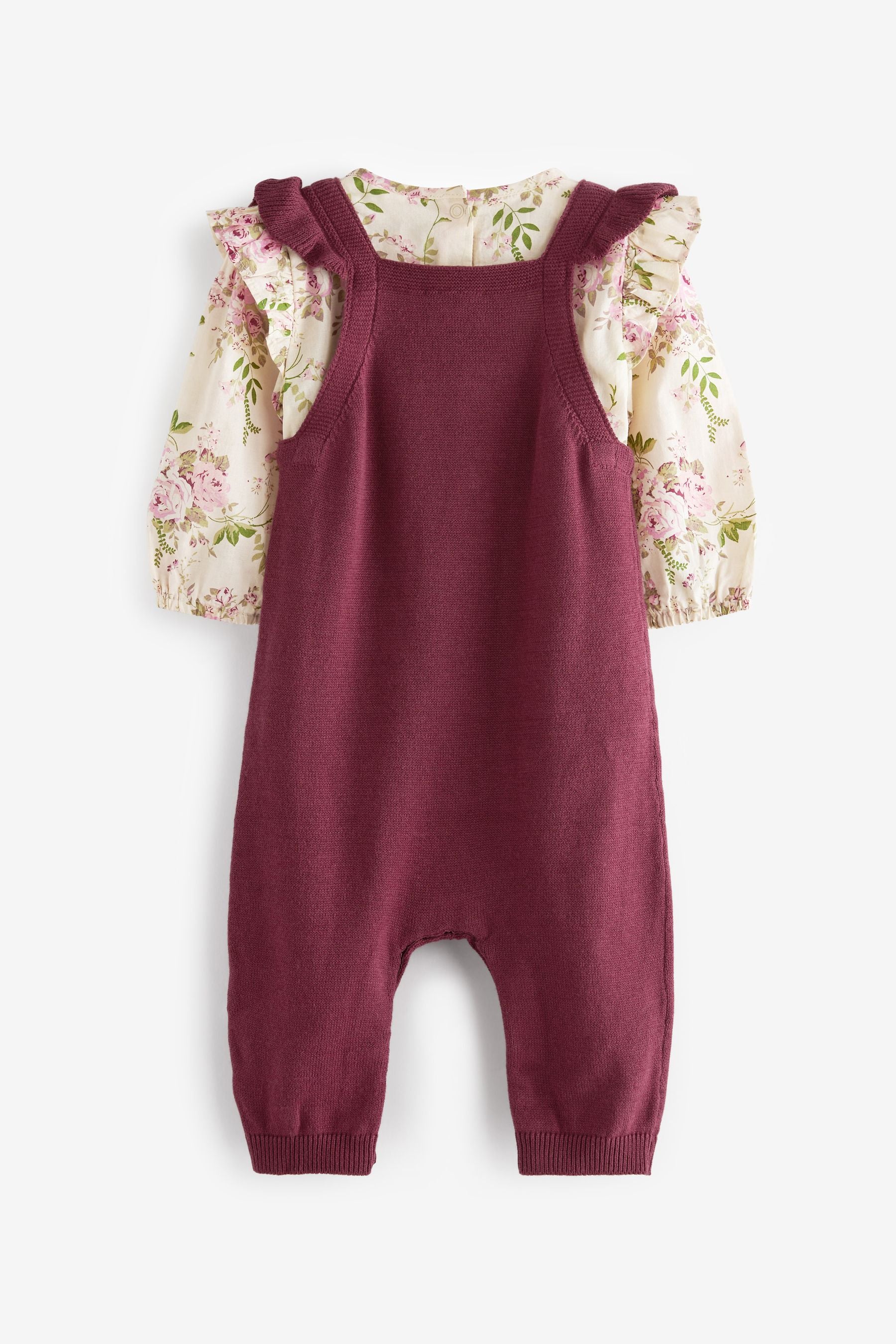 Berry Red Knitted Supersoft Baby Dungarees With Floral Printed Collared Bodysuit (0mths-2yrs)