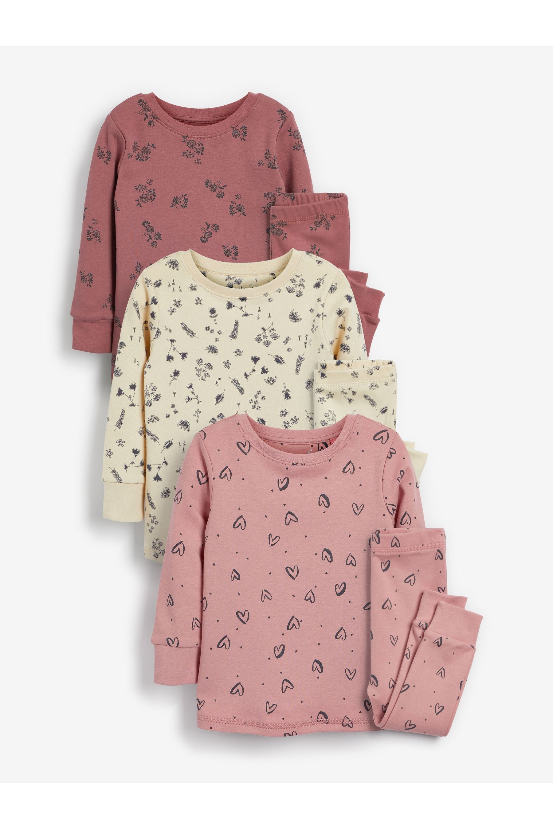 Pink/Cream/Rust Heart/Floral Pyjamas 3 Pack (9mths-8yrs)