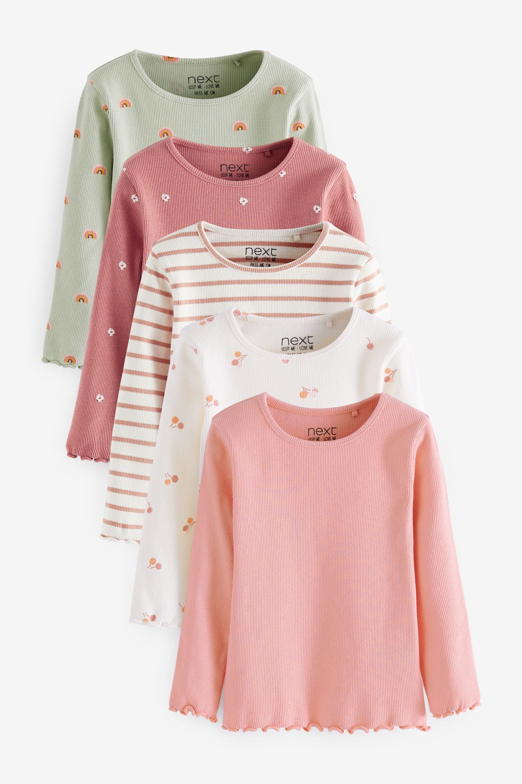 Pink Ditsy 5 Pack Long Sleeve Rib Jersey Tops (3mths-7yrs)