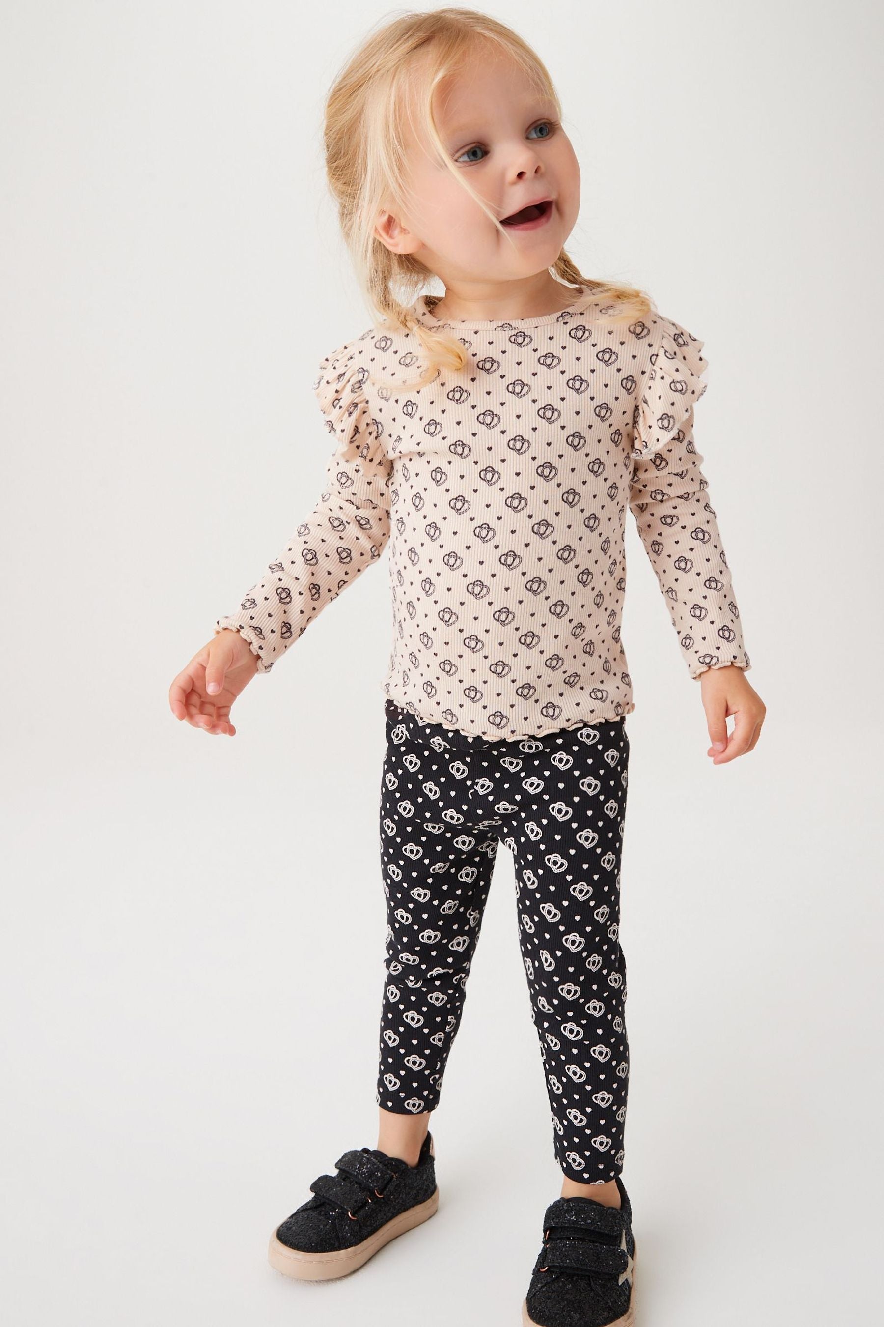 Neutral Geo Heart Long Sleeve Frill Rib Jersey Top (3mths-7yrs)