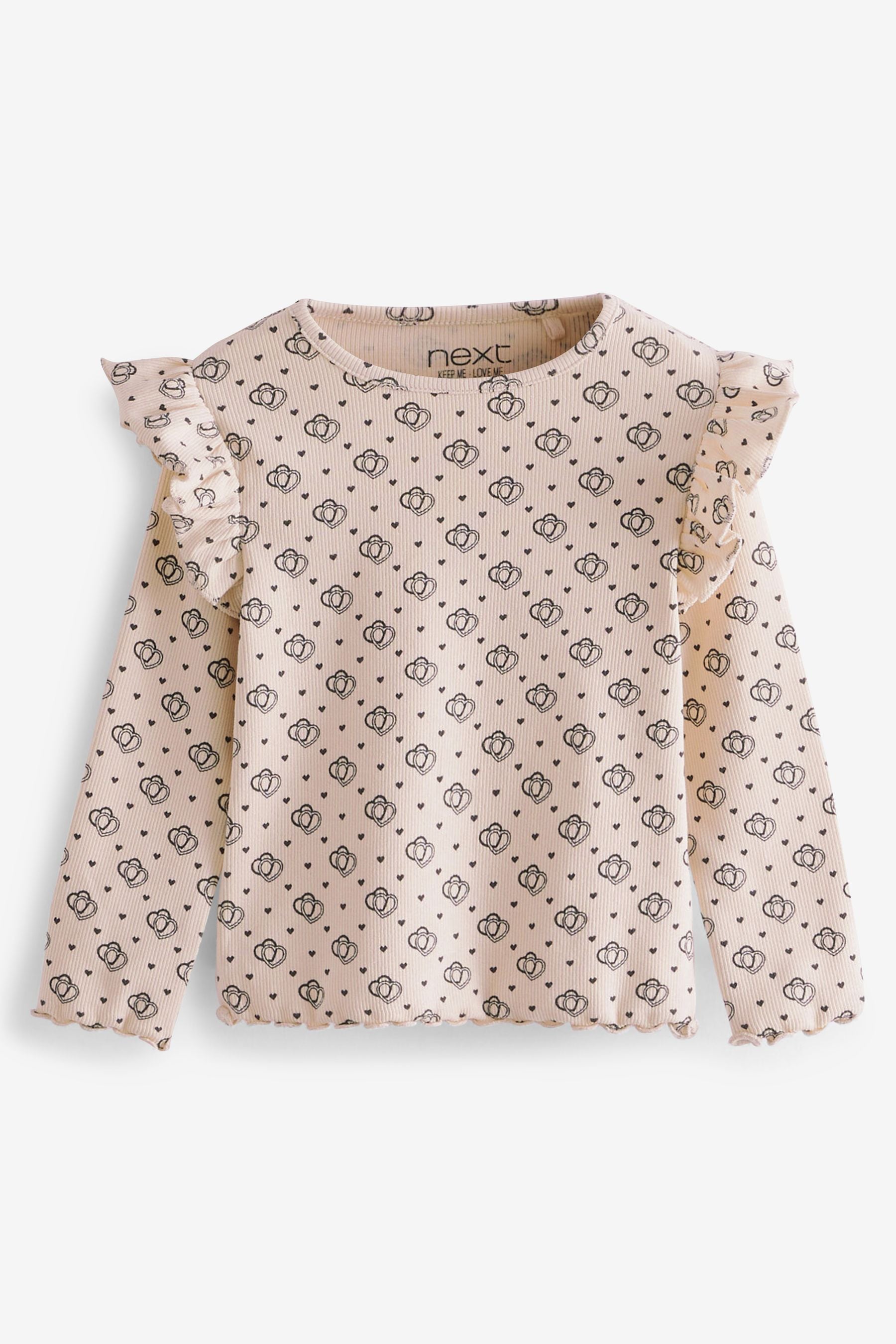 Neutral Geo Heart Long Sleeve Frill Rib Jersey Top (3mths-7yrs)