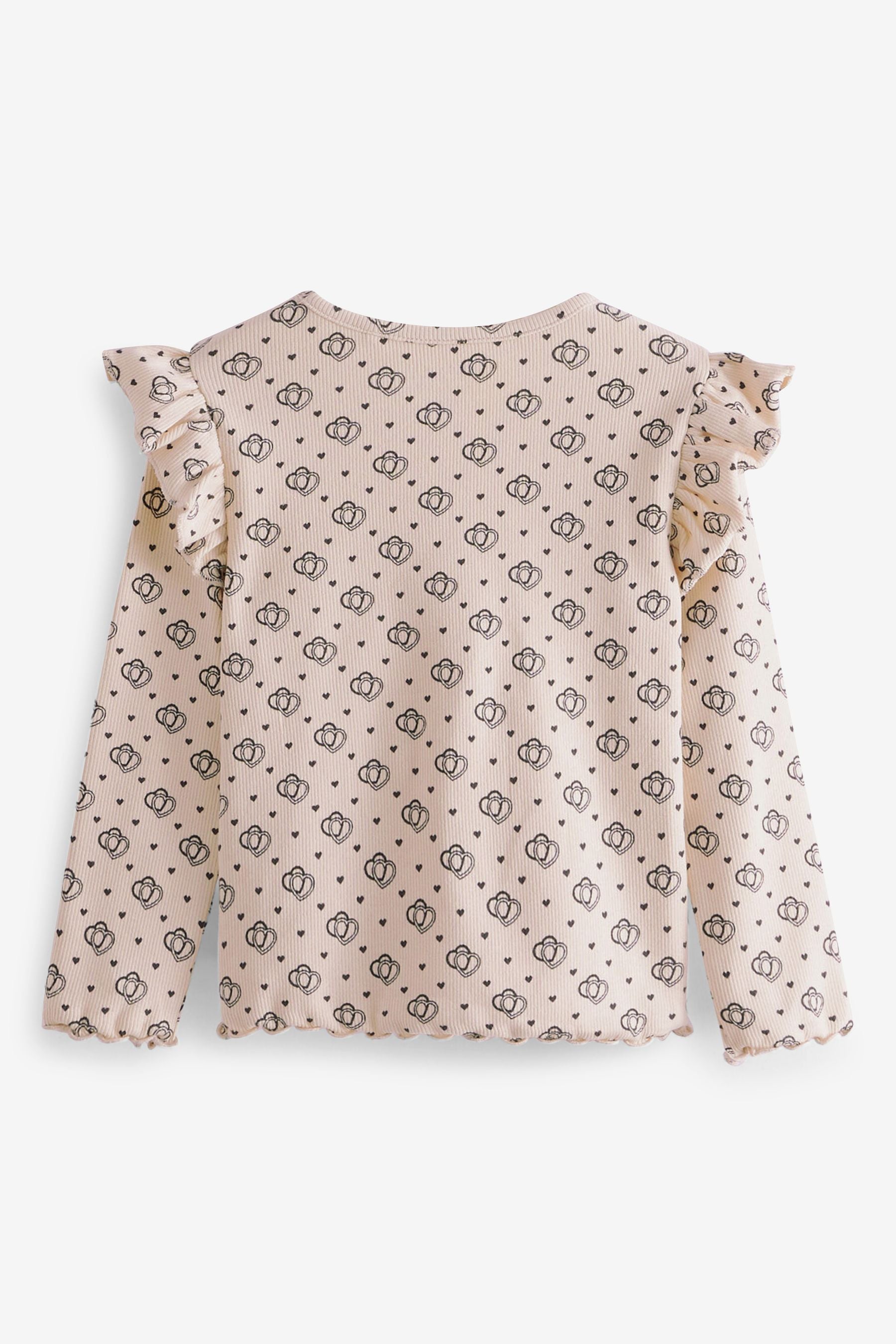 Neutral Geo Heart Long Sleeve Frill Rib Jersey Top (3mths-7yrs)