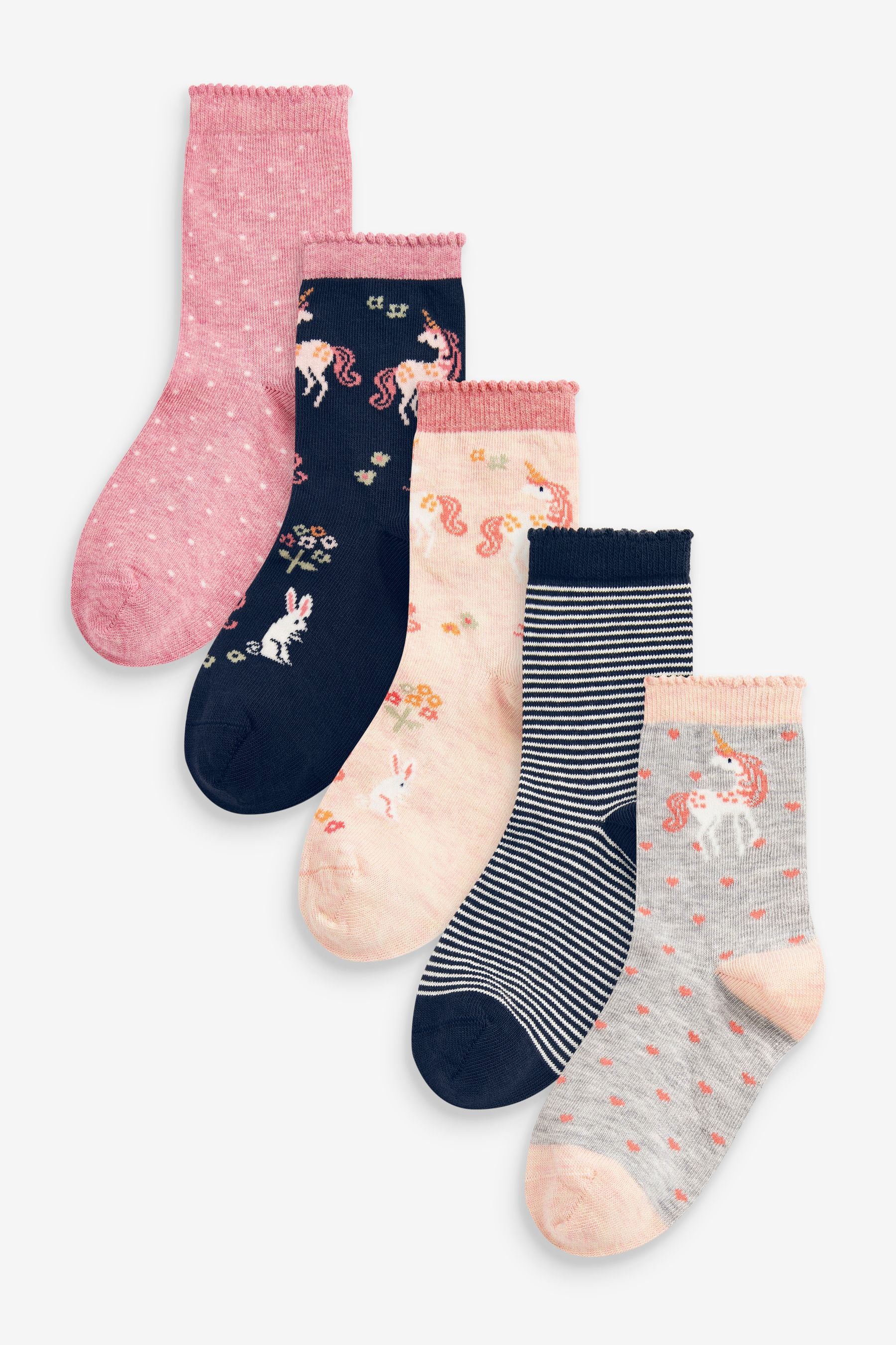 Pink/Navy Blue 5 Pack Cotton Rich Unicorn Ankle Socks