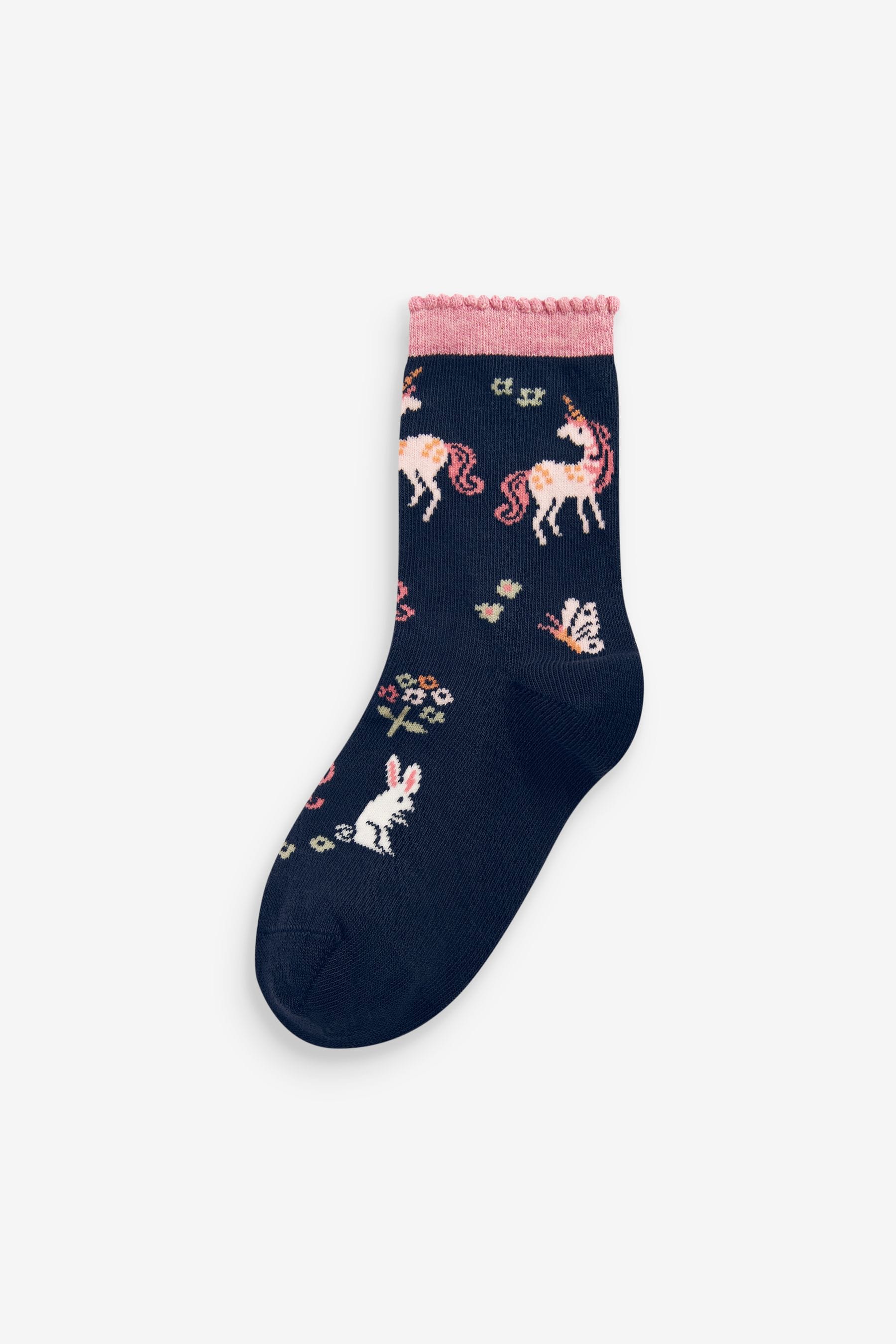 Pink/Navy Blue 5 Pack Cotton Rich Unicorn Ankle Socks