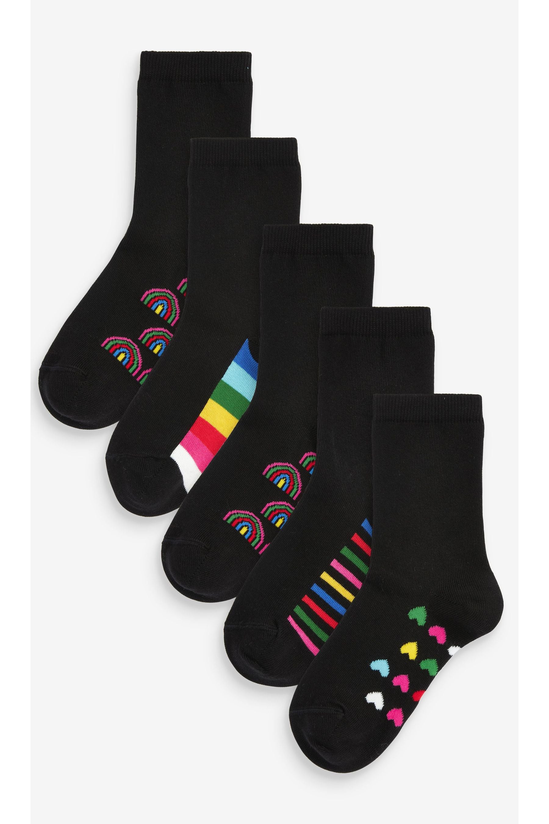 Black Rainbow 5 Pack Cotton Rich Footbed Ankle School Socks