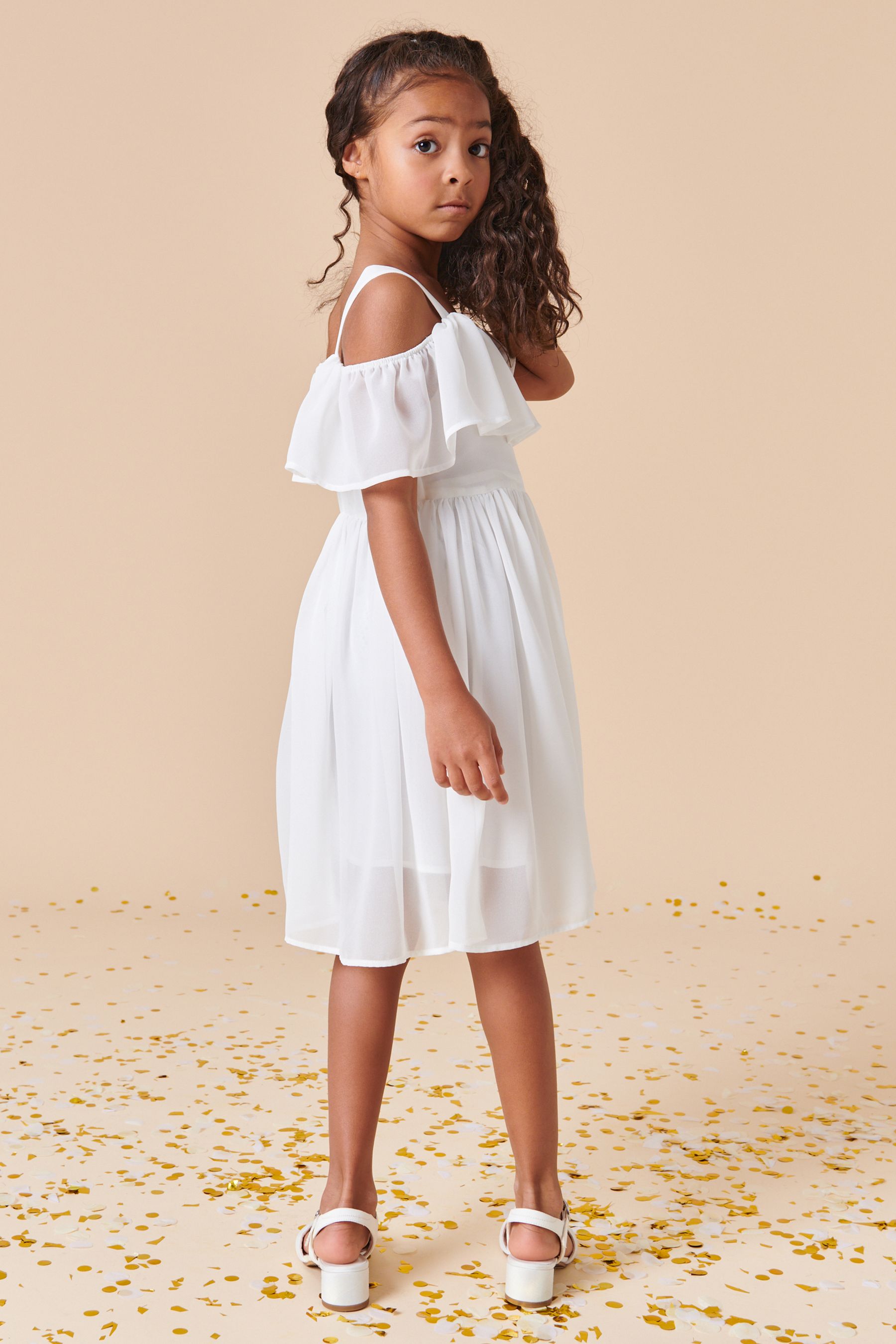 White Chiffon Cold Shoulder Dress (3-16yrs)