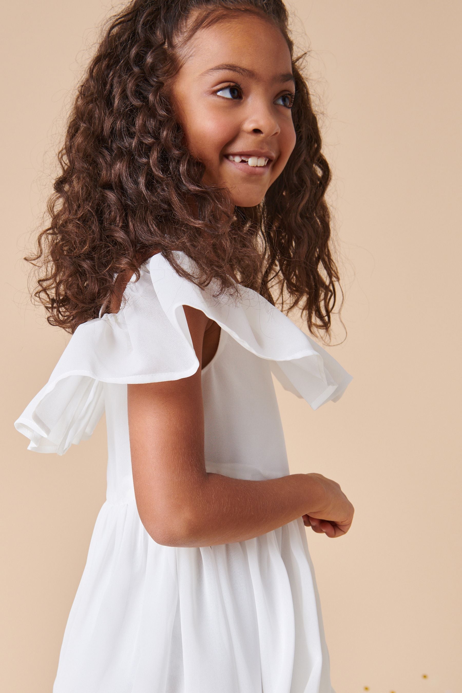 White Chiffon Cold Shoulder Dress (3-16yrs)