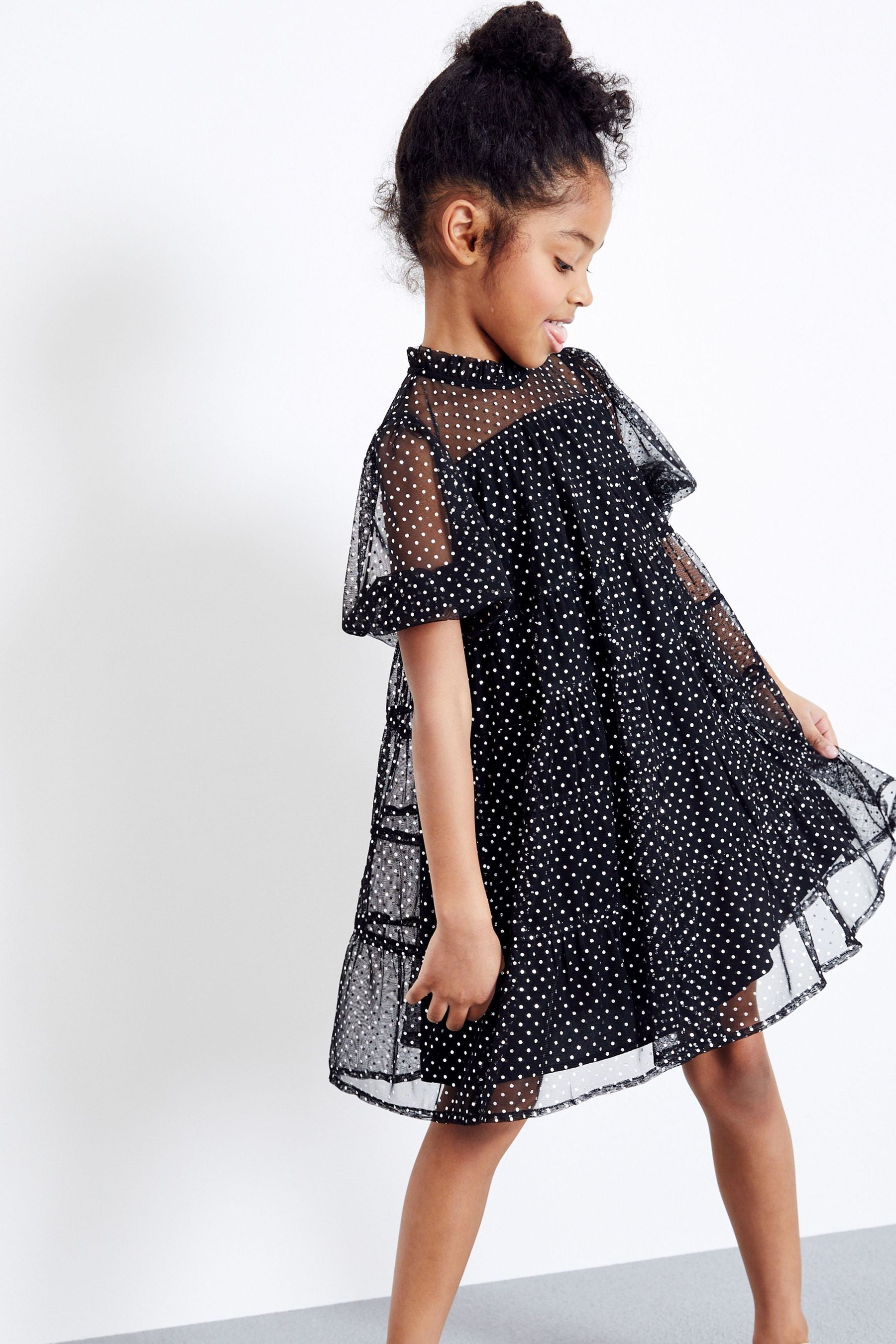 Silver/Black Metallic Spot Print Tiered Dress (3-16yrs)