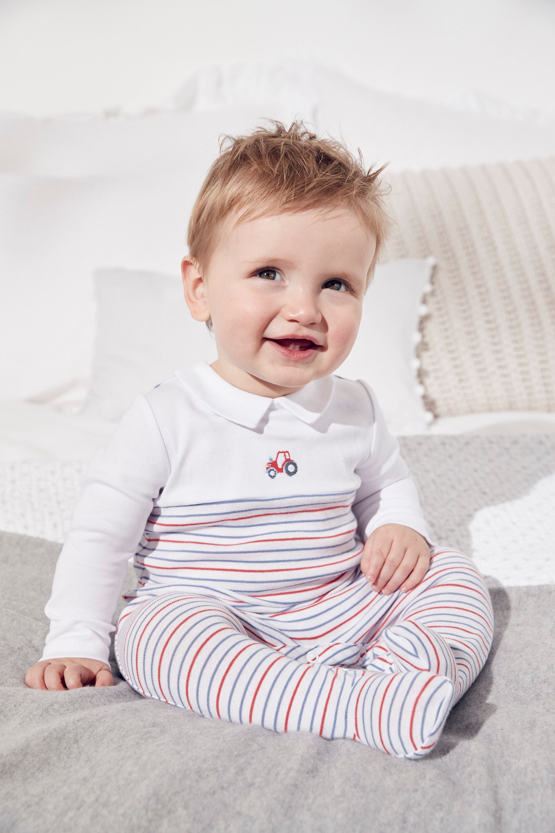 The White Company White Tractor Embroidered Collared Sleepsuit