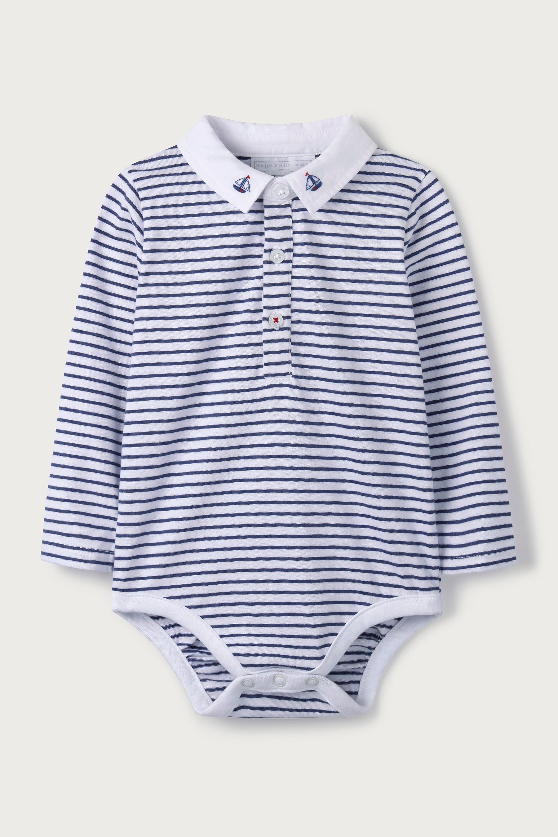 The White Company Baby Blue Sailboat Embroidered Bodysuit