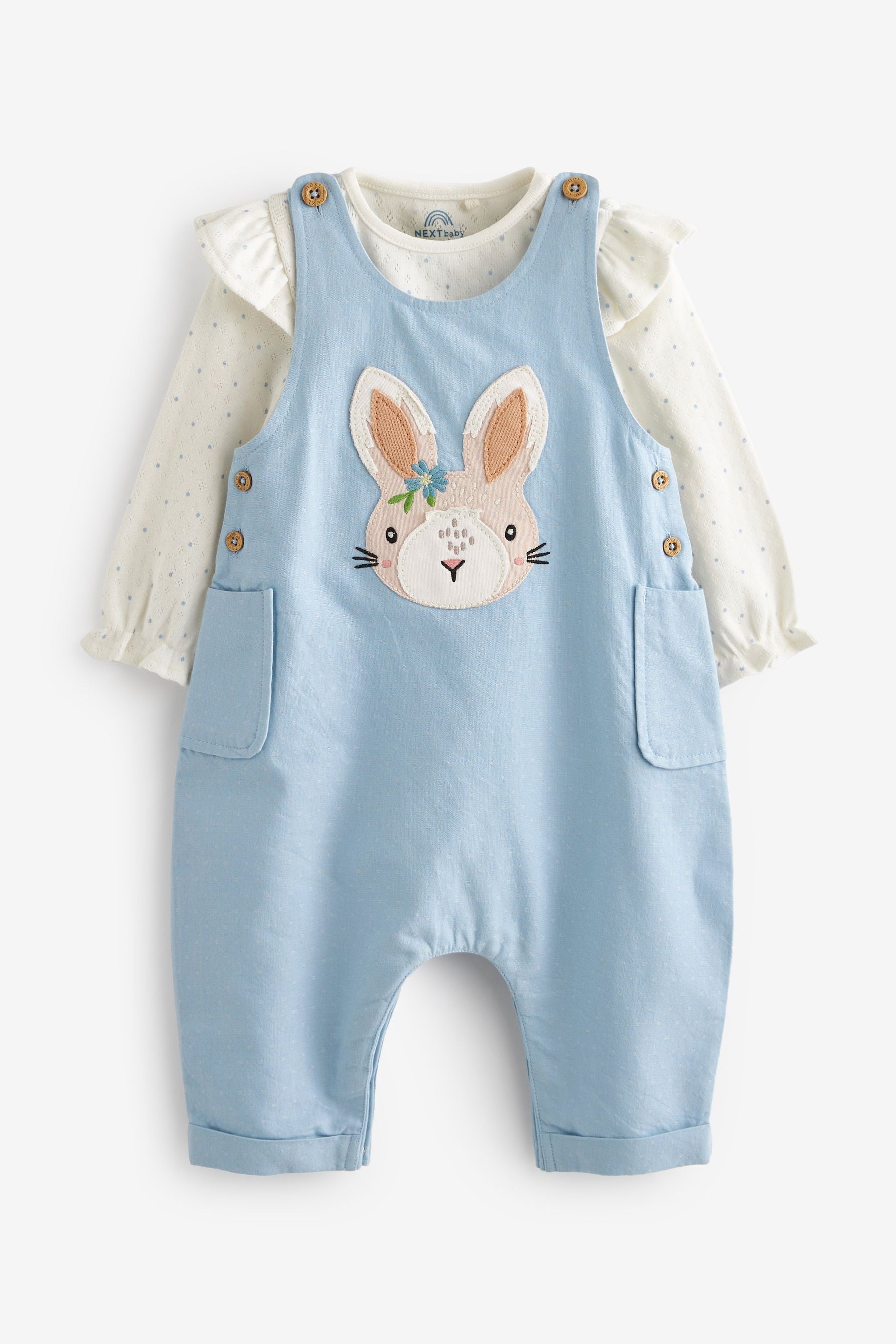 Blue Bunny Baby 2 Piece Woven Dungarees And Bodysuit (0mths-3yrs)