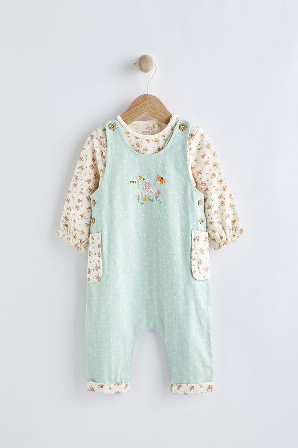 Green Duck and floral Baby 2 Piece Woven Dungarees And Bodysuit (0mths-3yrs)