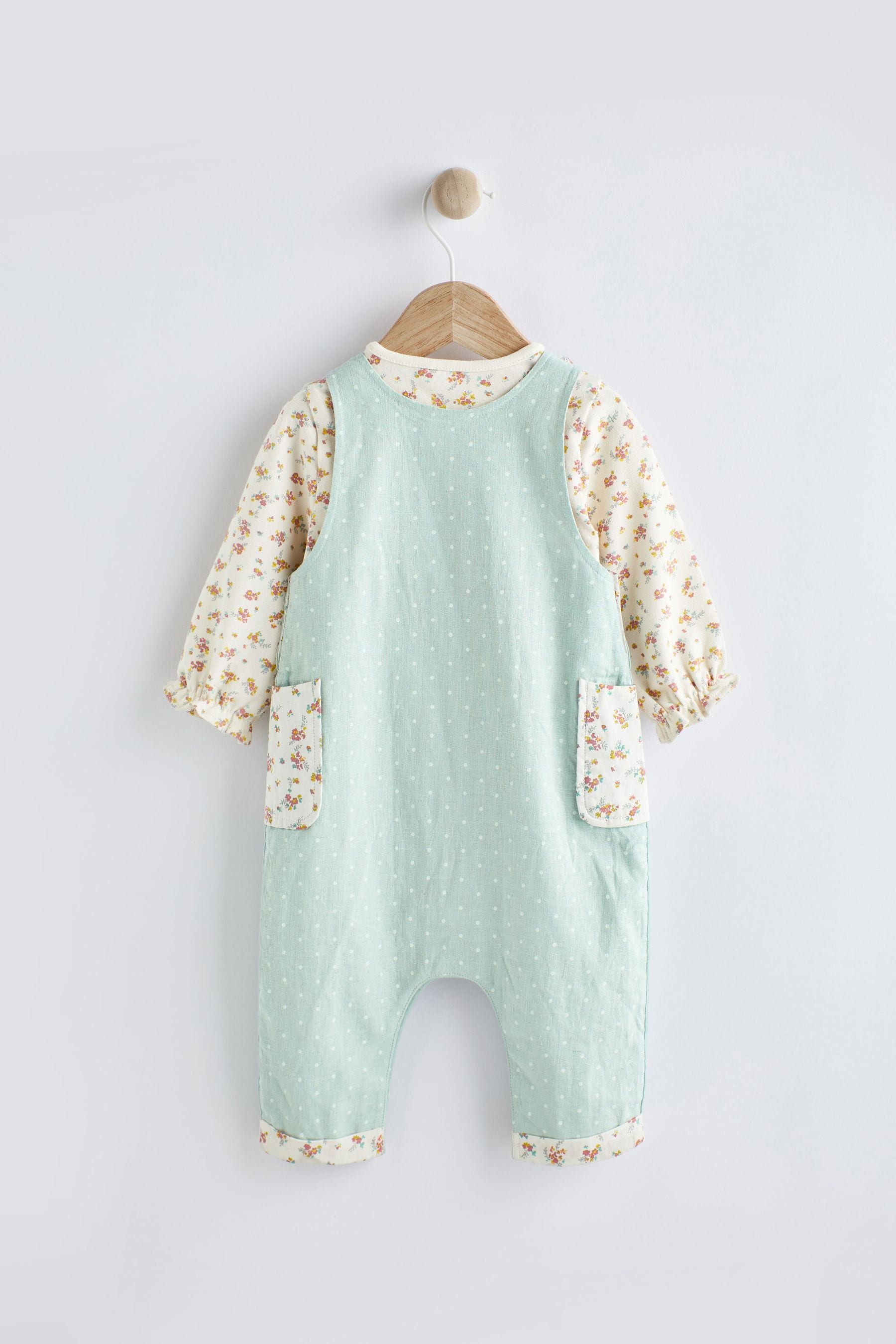 Green Duck and floral Baby 2 Piece Woven Dungarees And Bodysuit (0mths-3yrs)