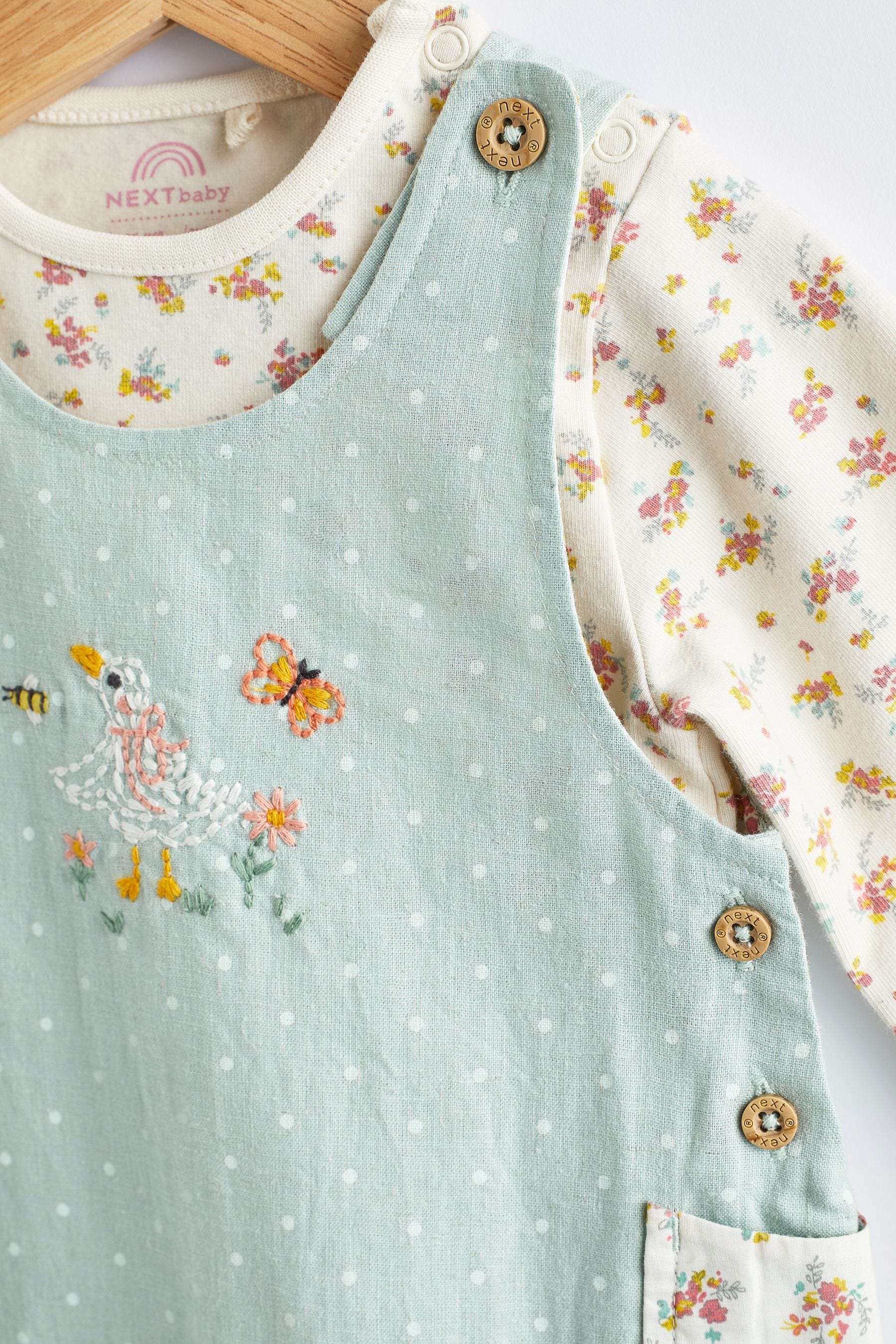 Green Duck and floral Baby 2 Piece Woven Dungarees And Bodysuit (0mths-3yrs)