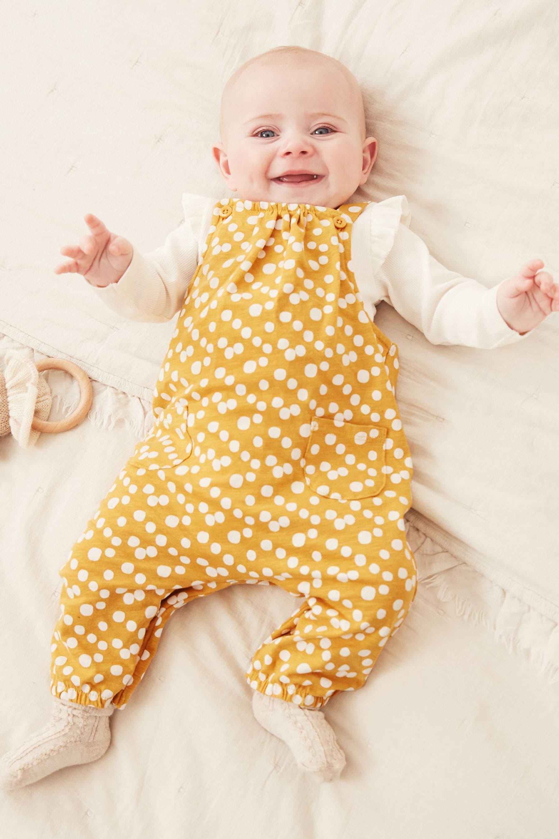 Ochre Yellow Spot Jersey Baby 2 Piece Dungarees And Bodysuit Set (0mths-3yrs)