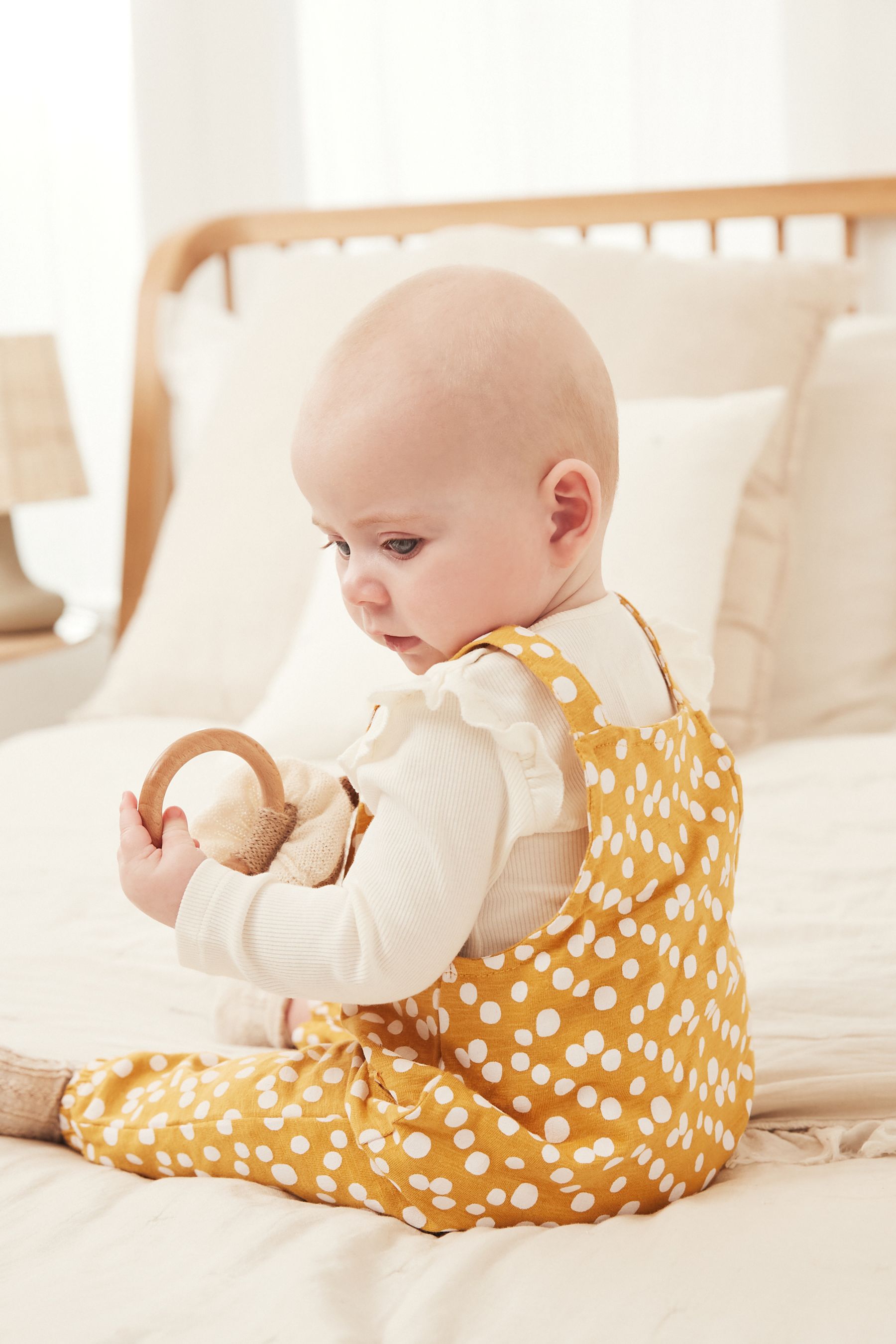 Ochre Yellow Spot Jersey Baby 2 Piece Dungarees And Bodysuit Set (0mths-3yrs)