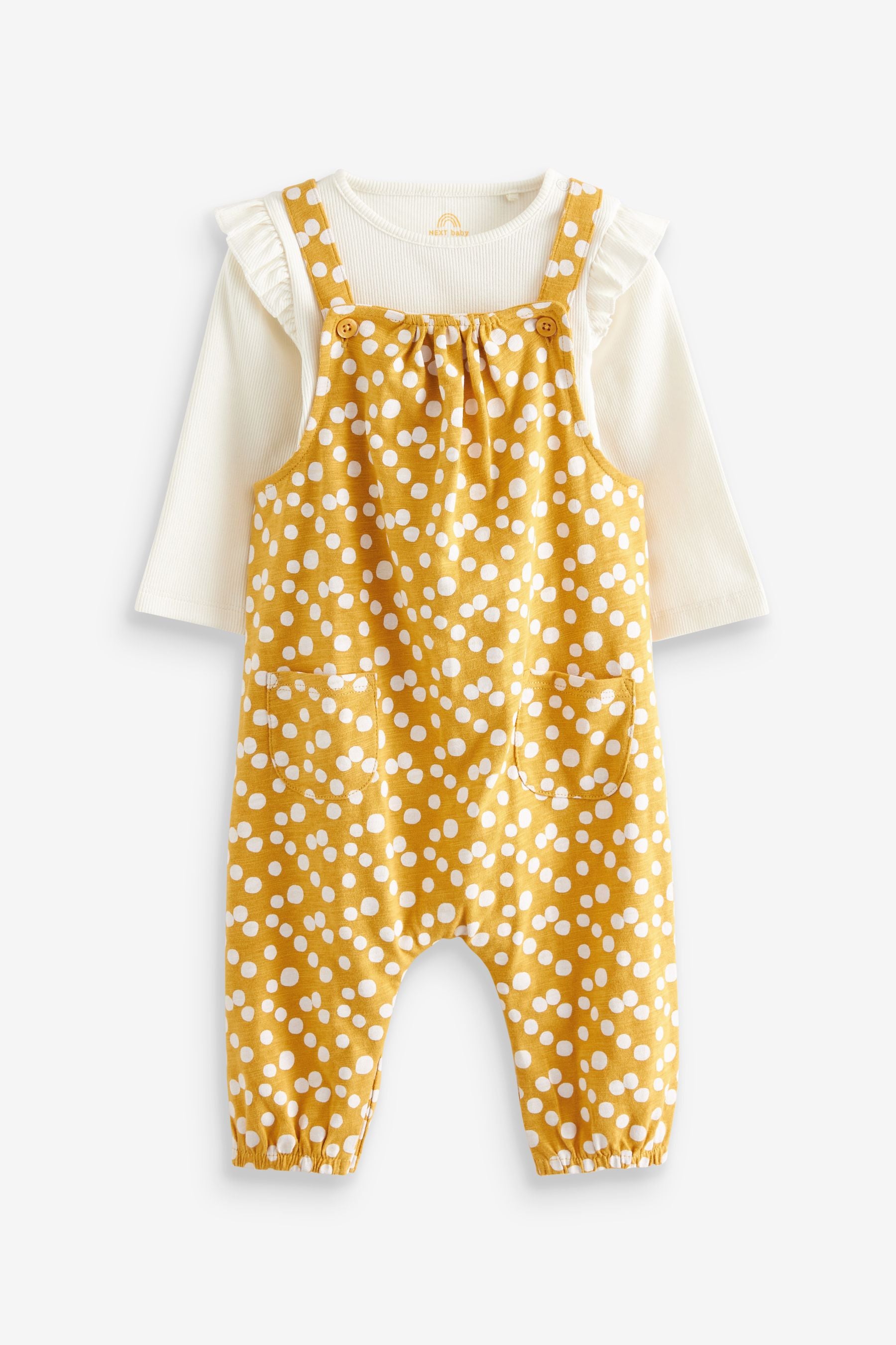 Ochre Yellow Spot Jersey Baby 2 Piece Dungarees And Bodysuit Set (0mths-3yrs)