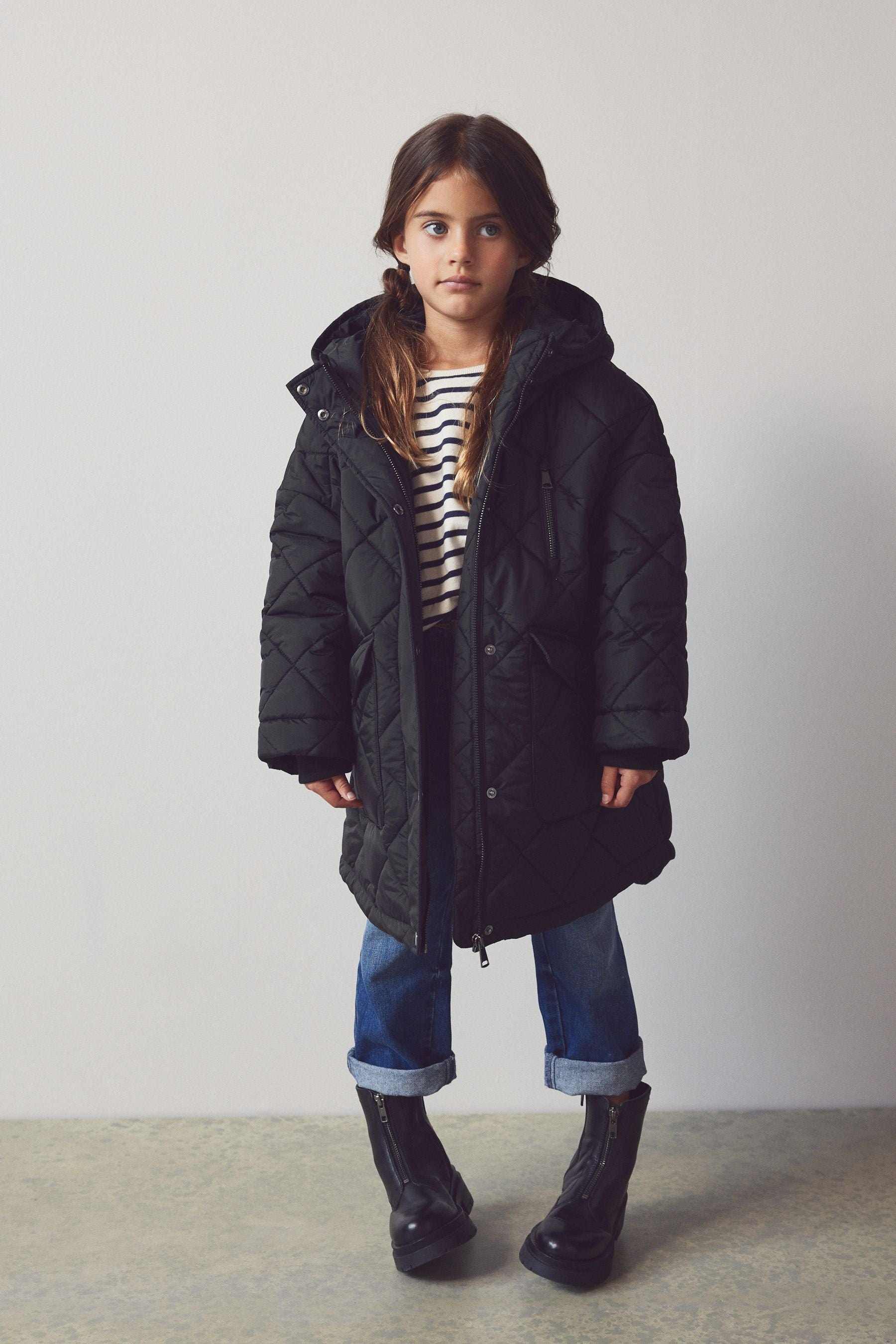 Black Shower Resistant Oversized Quilted Coat (3-16yrs)