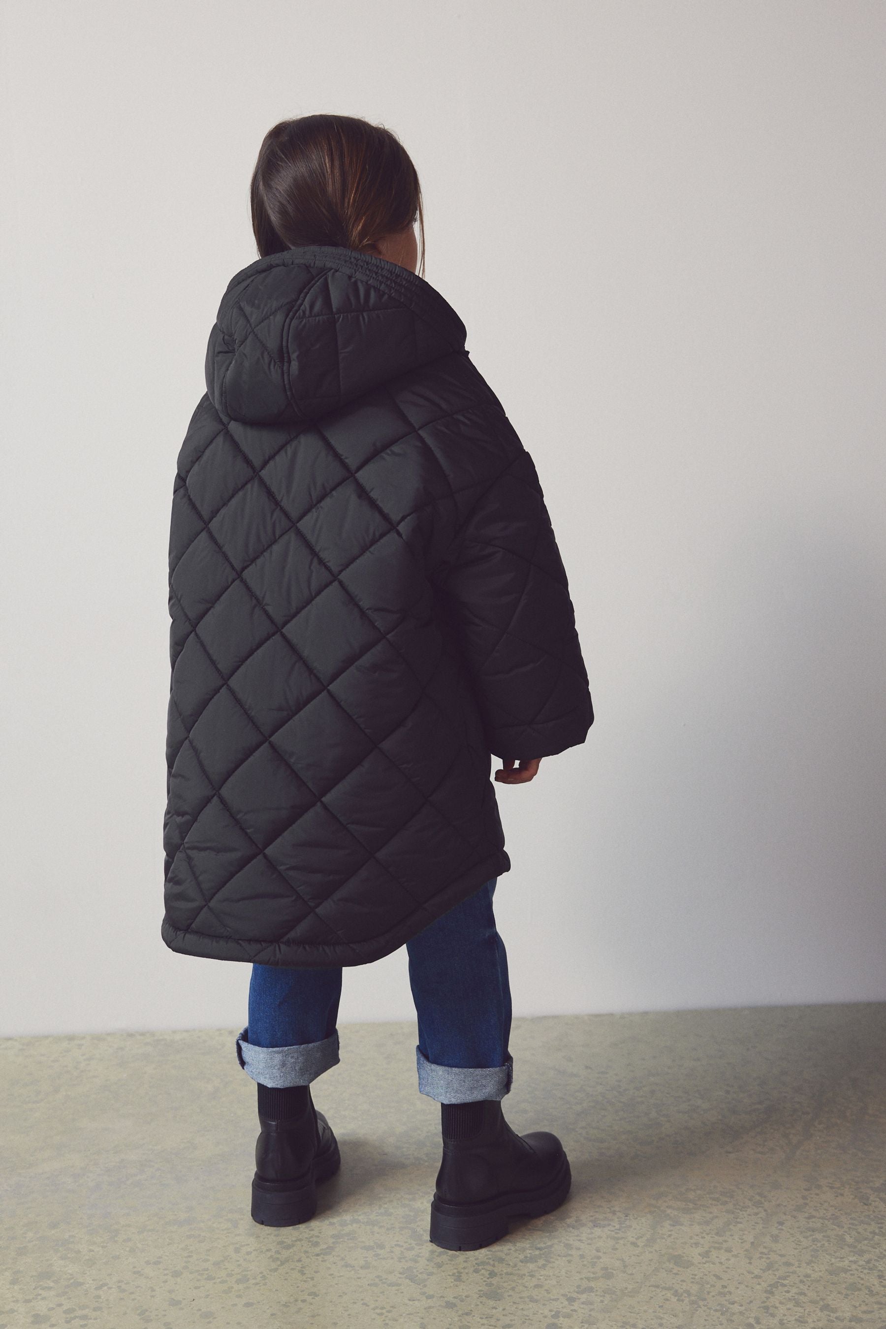 Black Shower Resistant Oversized Quilted Coat (3-16yrs)