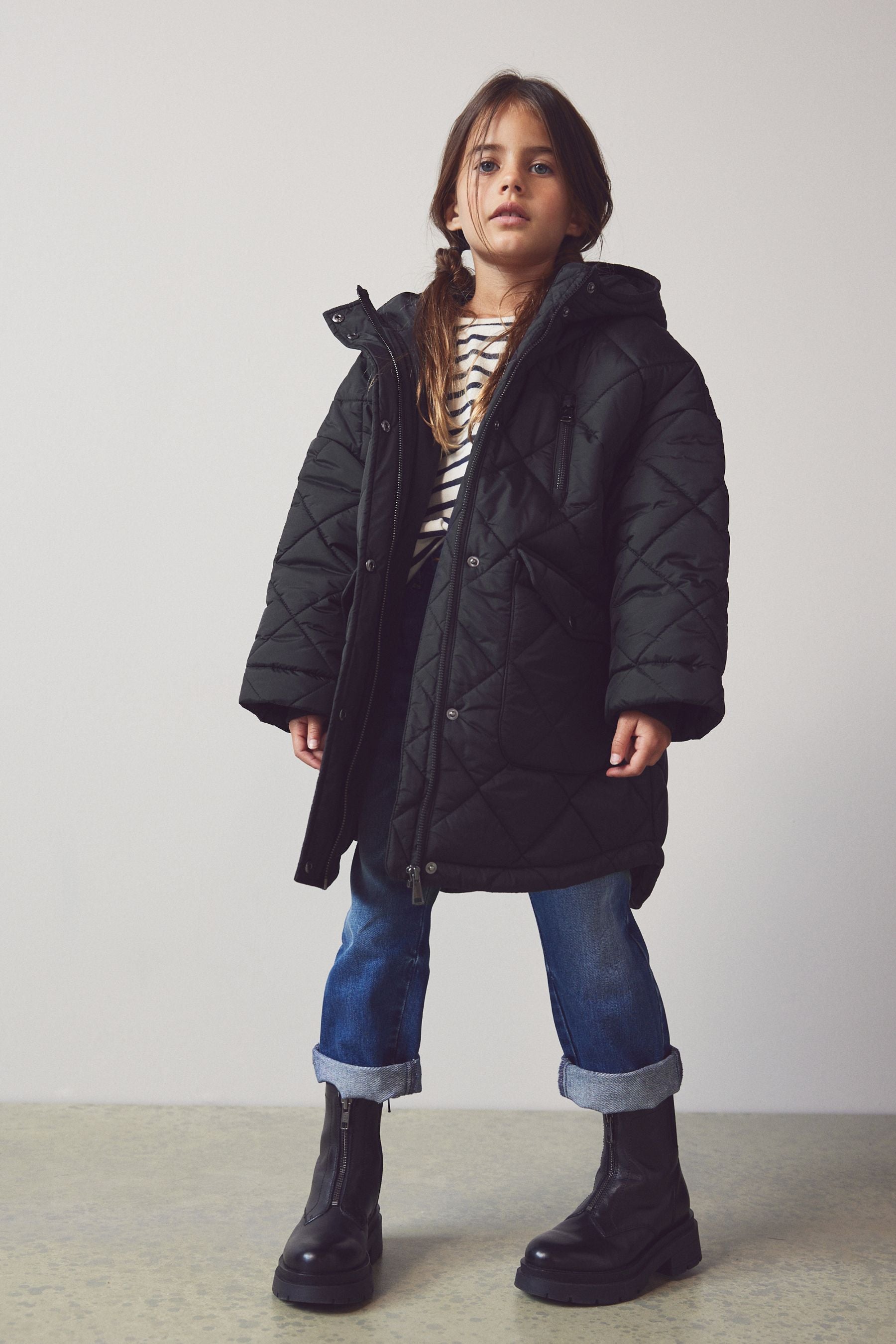 Black Shower Resistant Oversized Quilted Coat (3-16yrs)