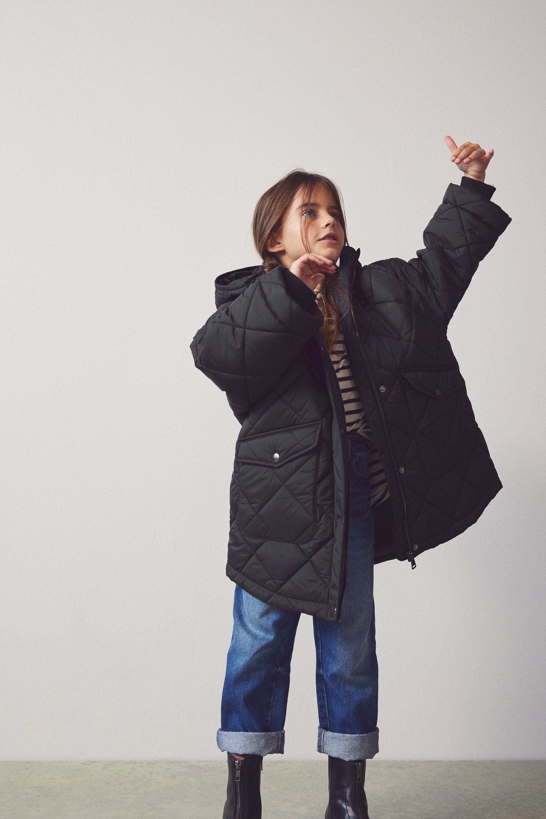 Black Shower Resistant Oversized Quilted Coat (3-16yrs)