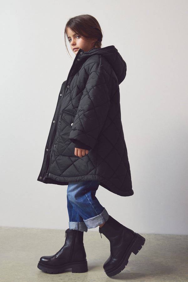 Black Shower Resistant Oversized Quilted Coat (3-16yrs)