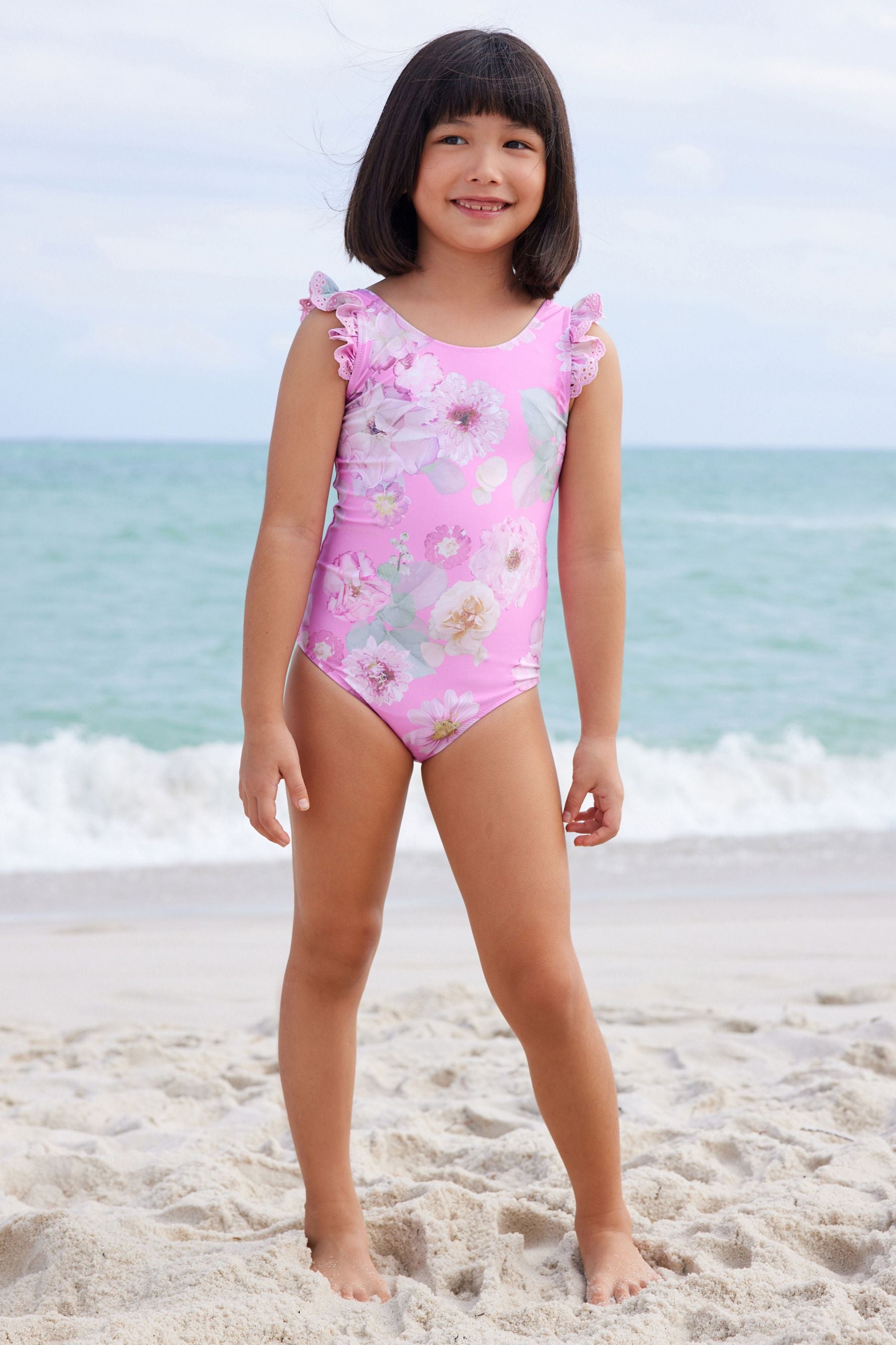 Pink Floral Frill Sleeve Swimsuit (3mths-12yrs)