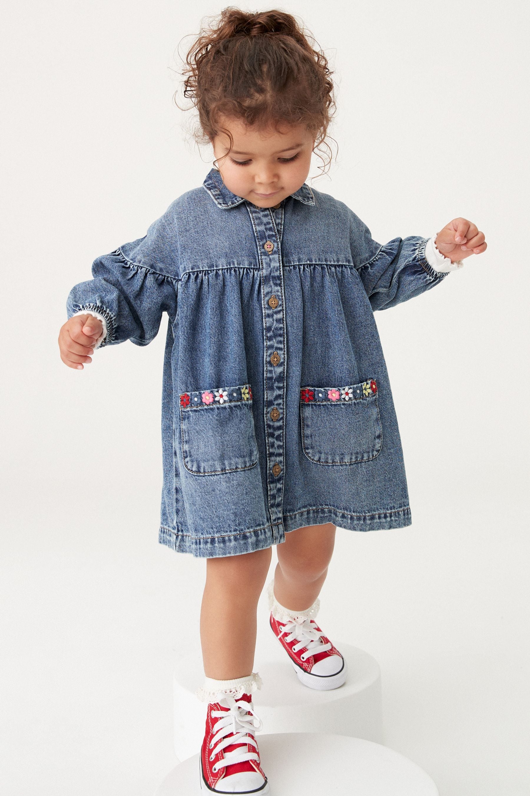 Blue Denim Embroidered Cotton Shirt Dress (3mths-8yrs)