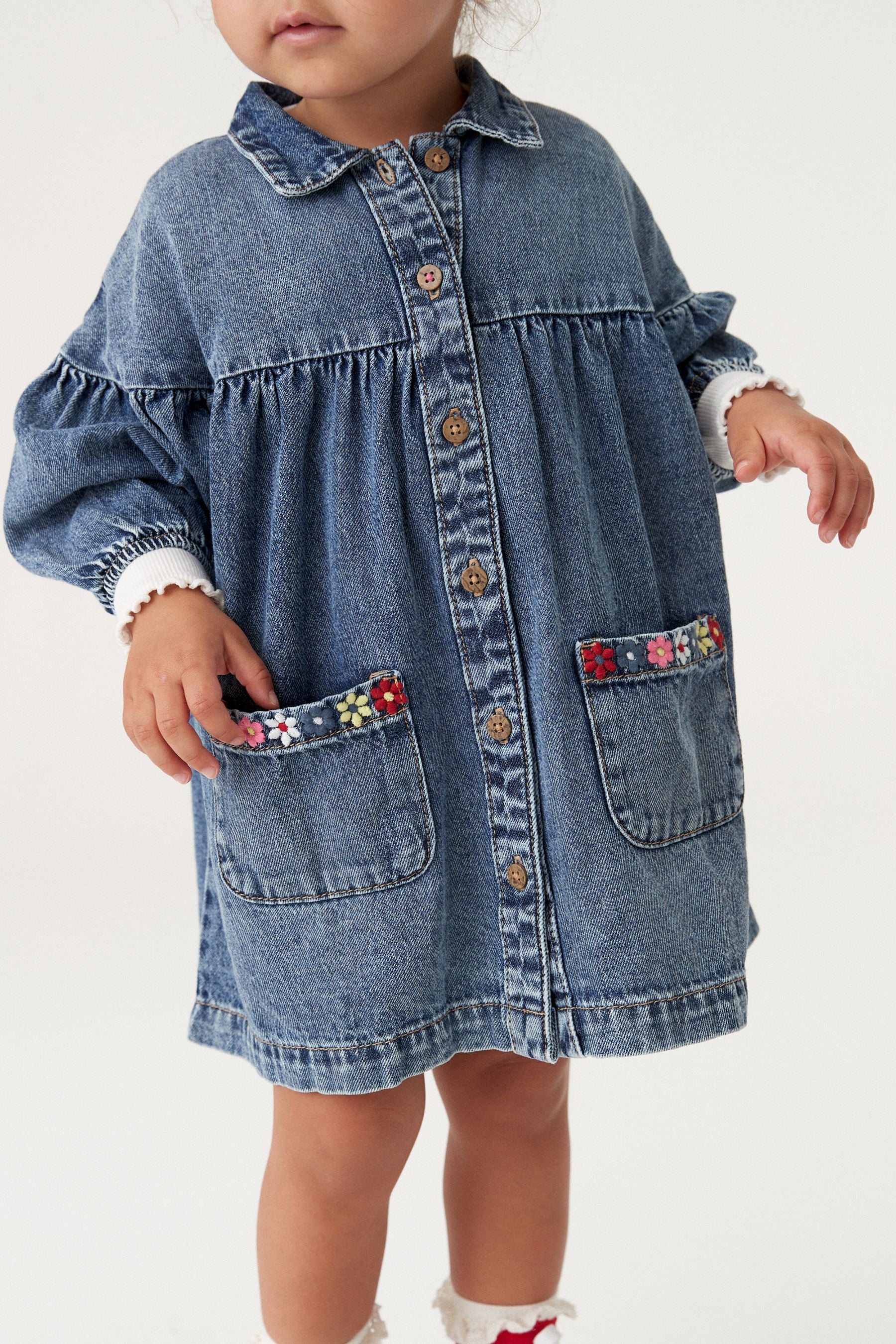 Blue Denim Embroidered Cotton Shirt Dress (3mths-8yrs)