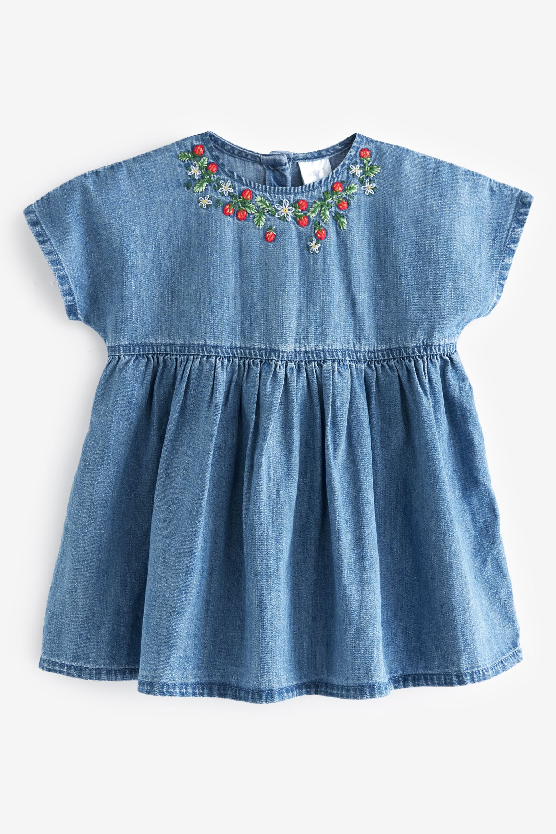 Blue Denim Strawberry Embroidered Dress (3mths-8yrs)