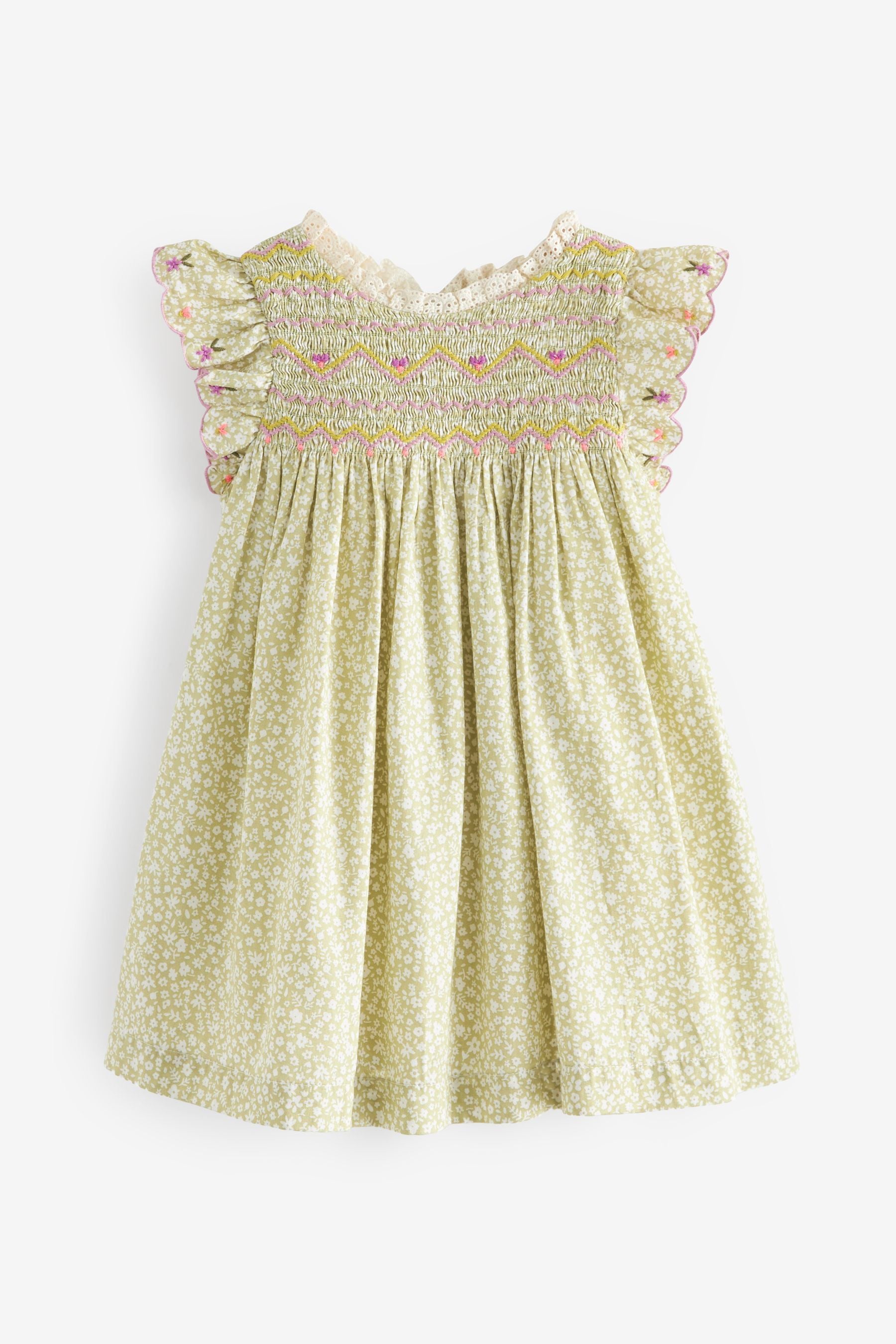 Sage Green Embroidered Shirred Frill Sleeve Dress (3mths-8yrs)