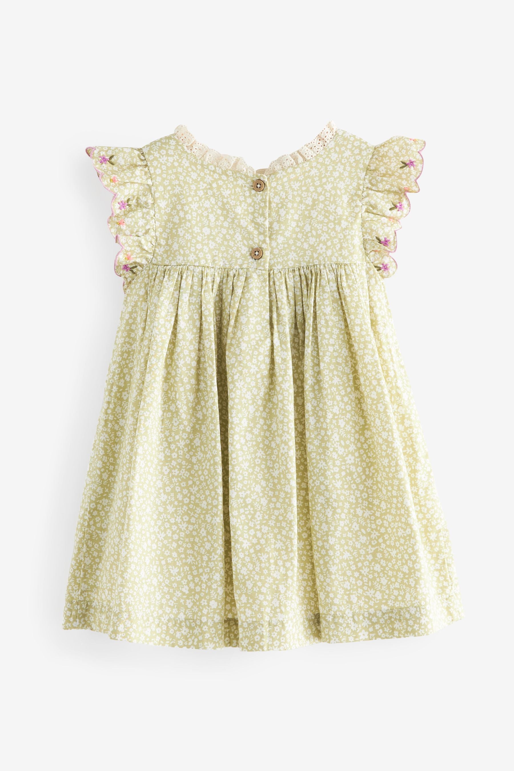 Sage Green Embroidered Shirred Frill Sleeve Dress (3mths-8yrs)