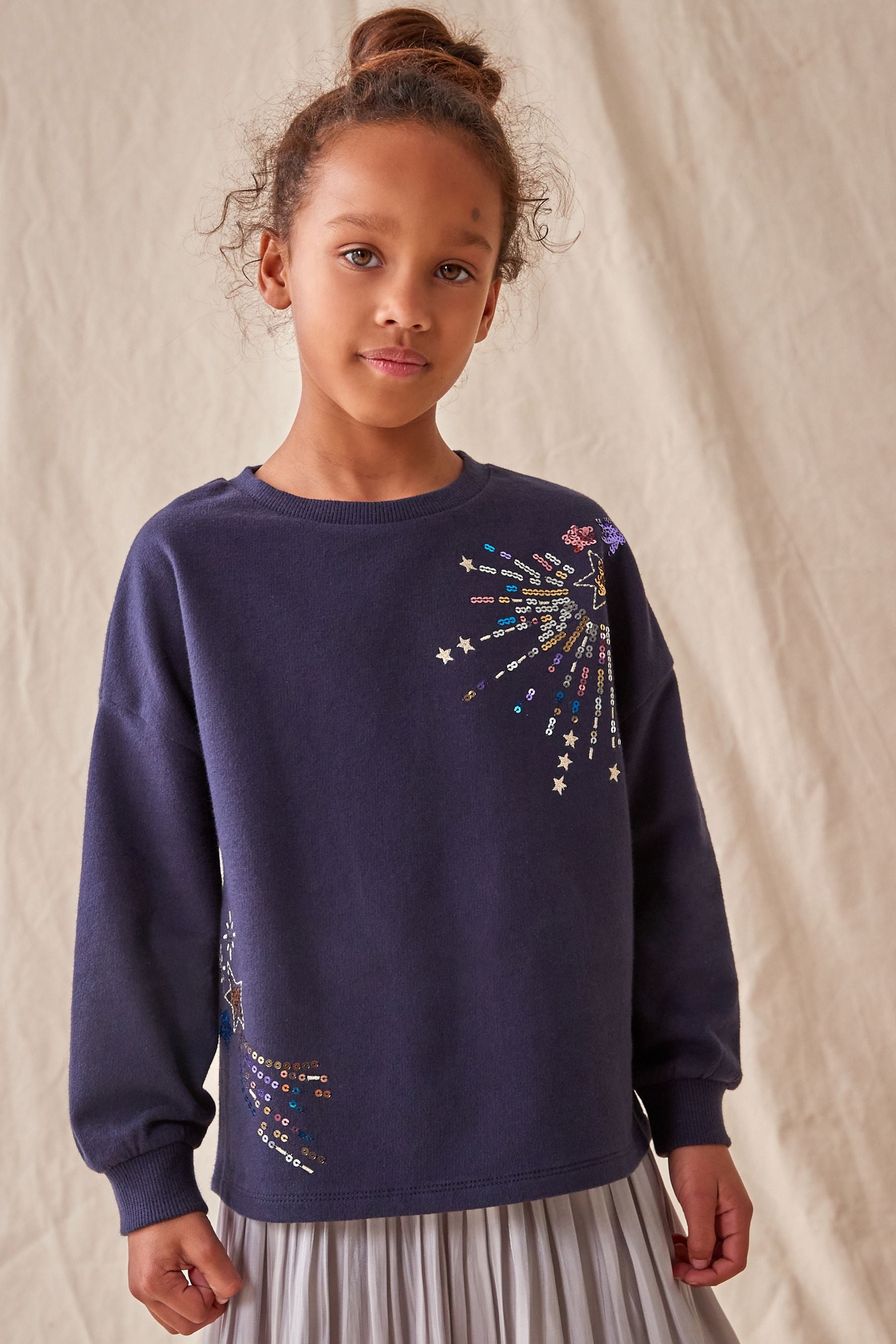 Navy Blue Firework Sequin Design Long Sleeve T-Shirt (3-16yrs)