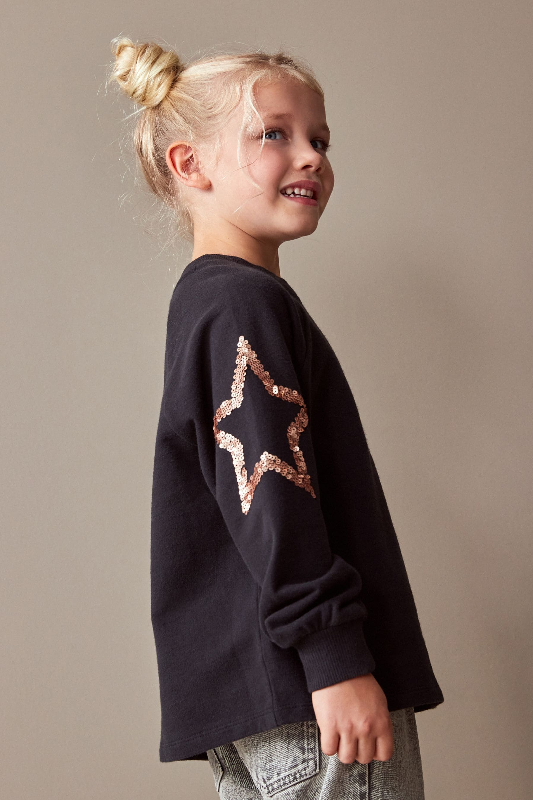 Black Star Shape Sequin Long Sleeve T-Shirt (3-16yrs)