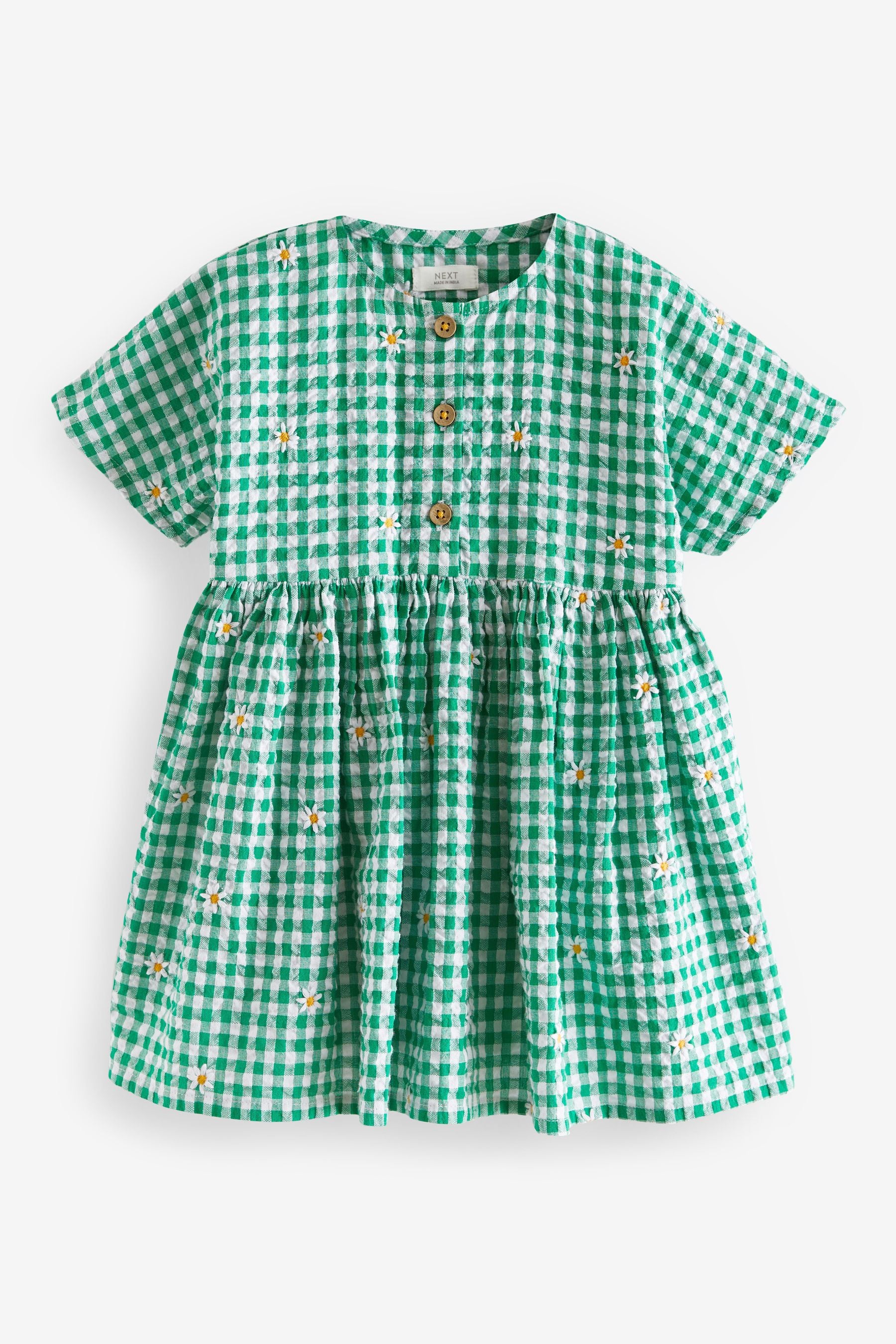 Green Embroidered Daisy Relaxed Cotton Dress (3mths-8yrs)