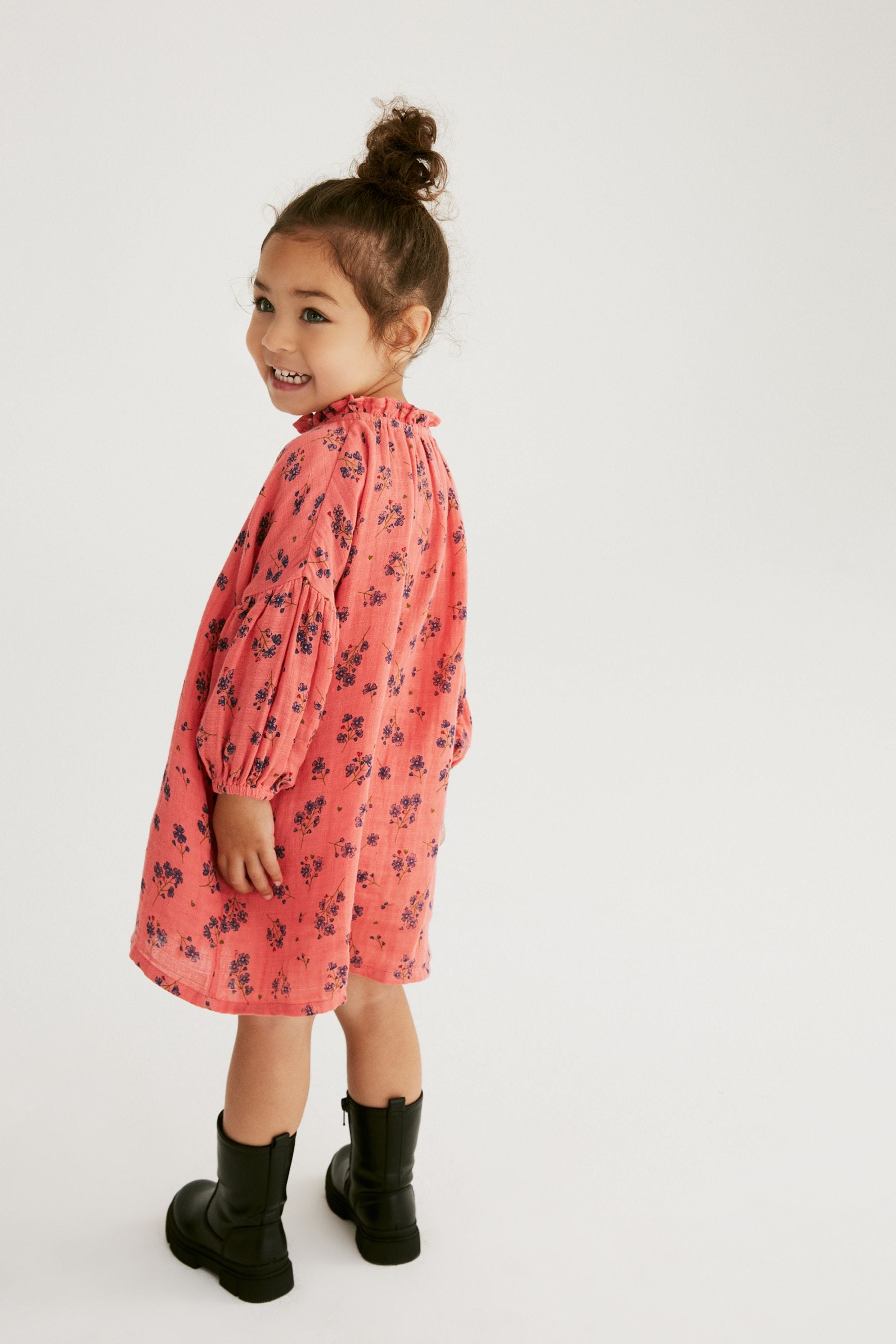 Coral Pink Ditsy Ruffle Collar Cotton Dress (3mths-8yrs)