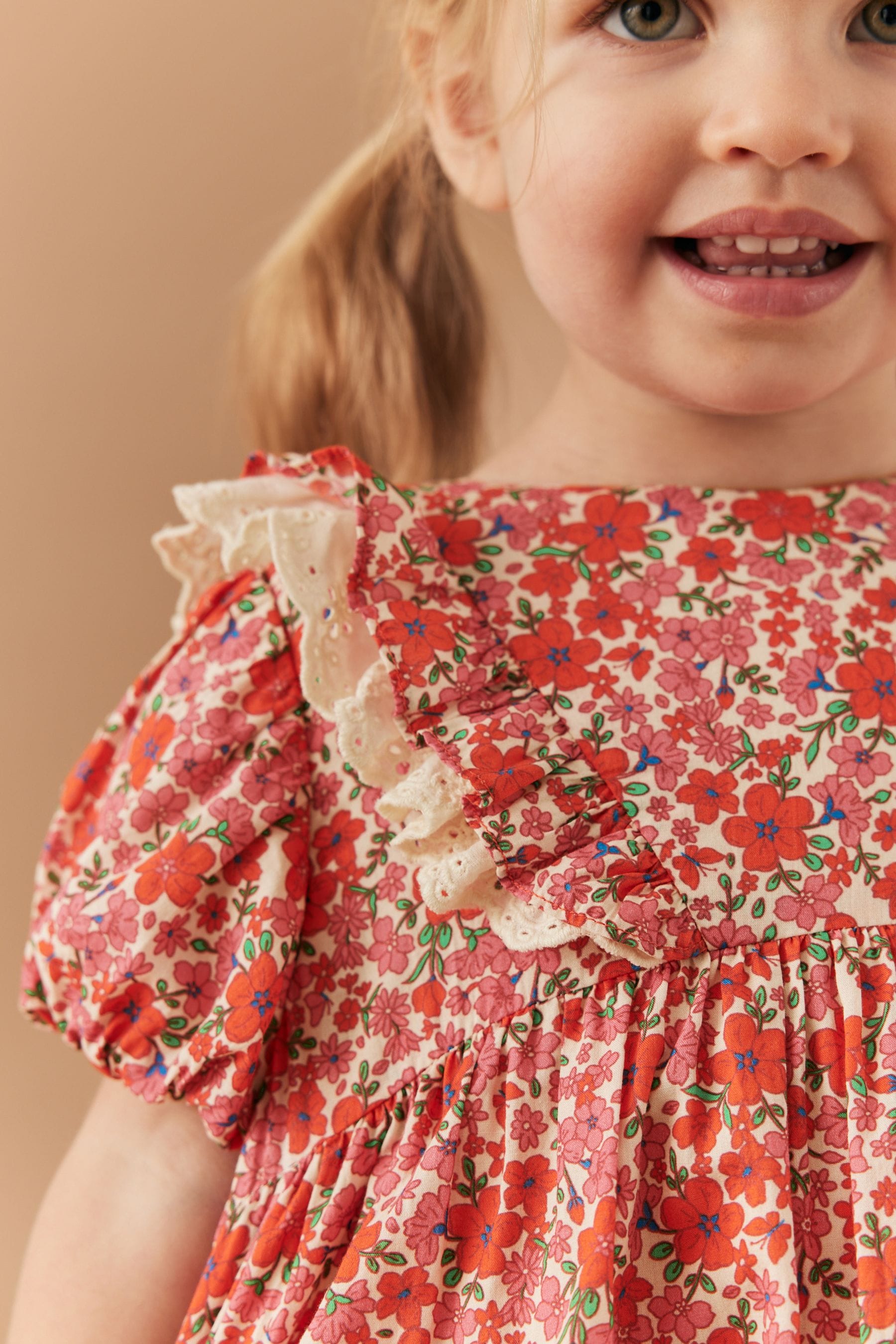 Red Ditsy Lace Trim Dress (3mths-7yrs)