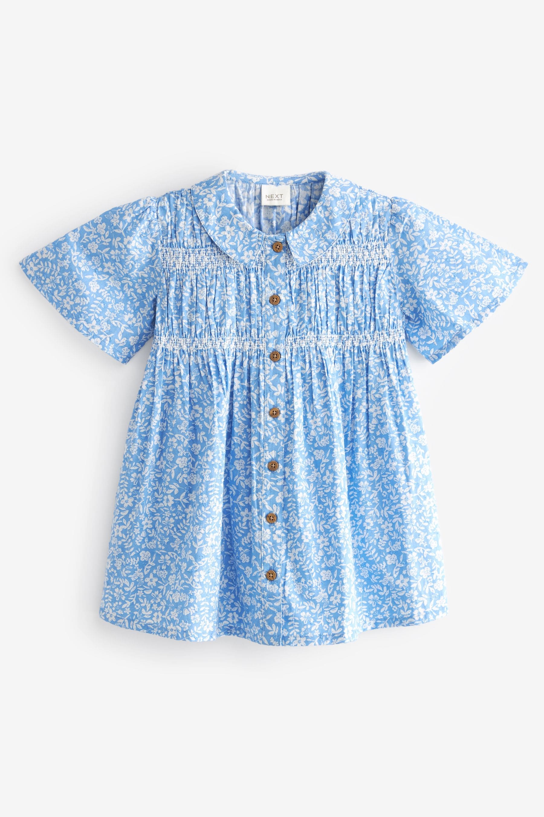 Blue Ditsy Shirred Cotton Dress (3mths-7yrs)