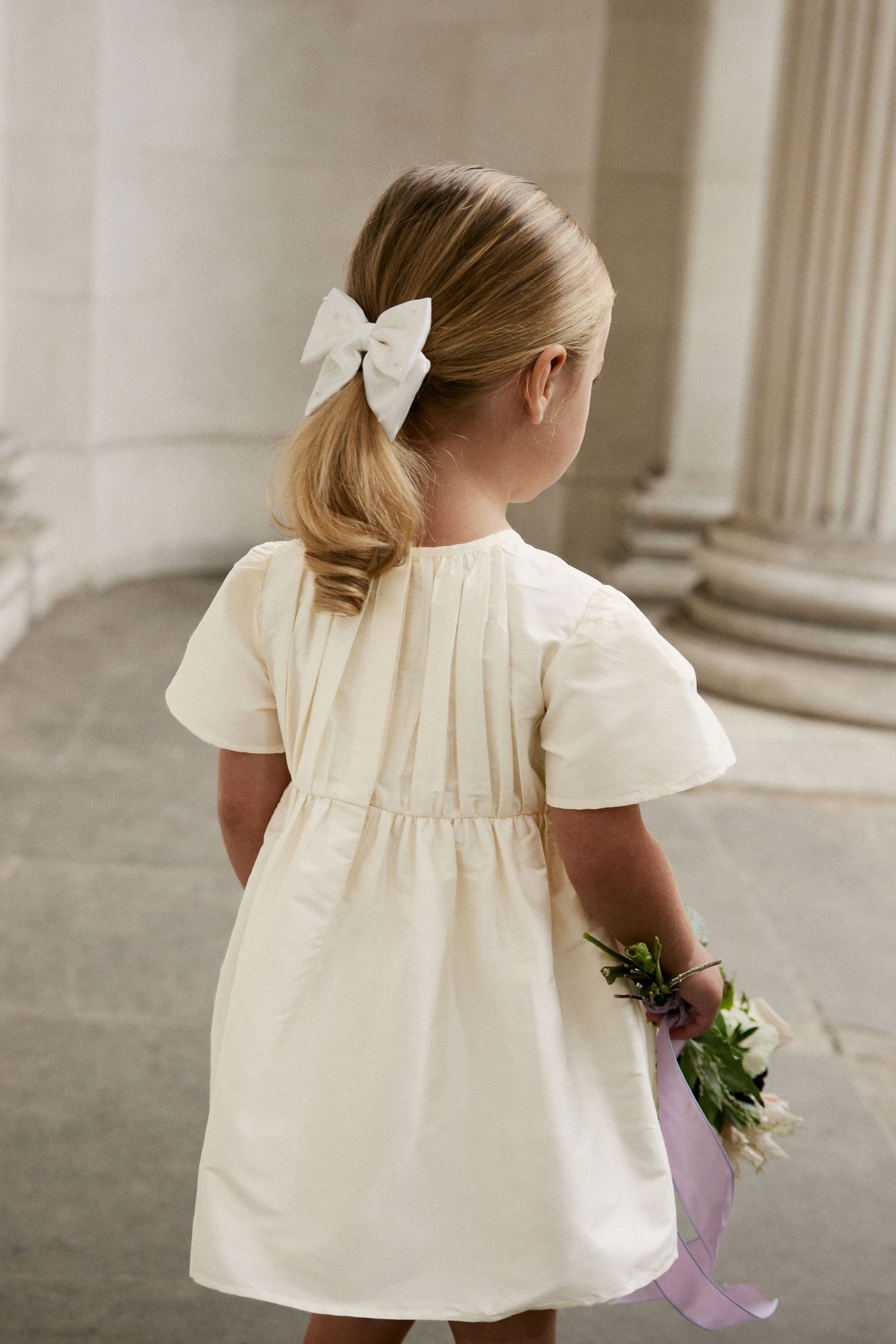 Cream Pleat Detail Short Sleeve Taffeta Dress (3mths-10yrs)