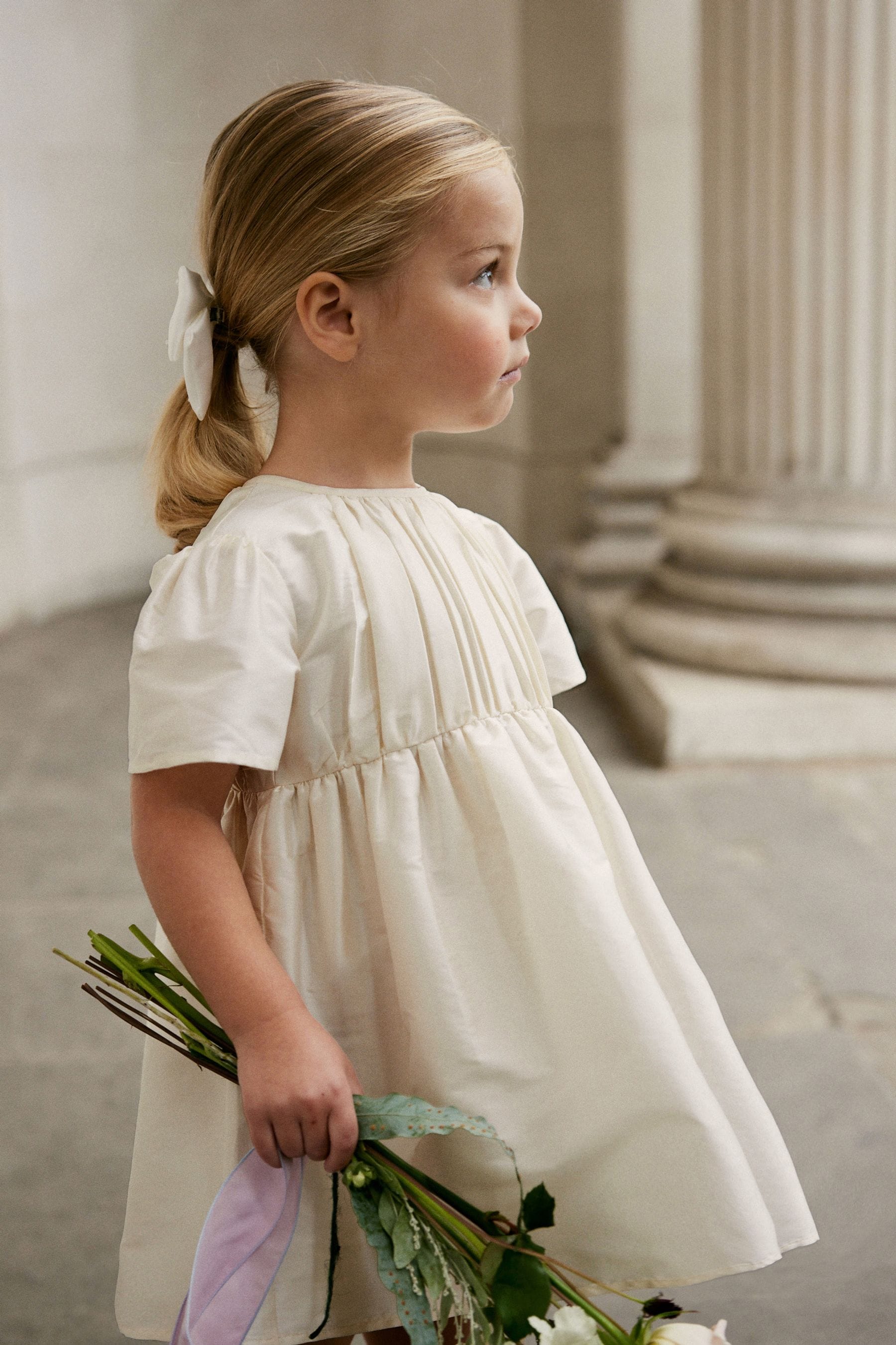 Cream Pleat Detail Short Sleeve Taffeta Dress (3mths-10yrs)