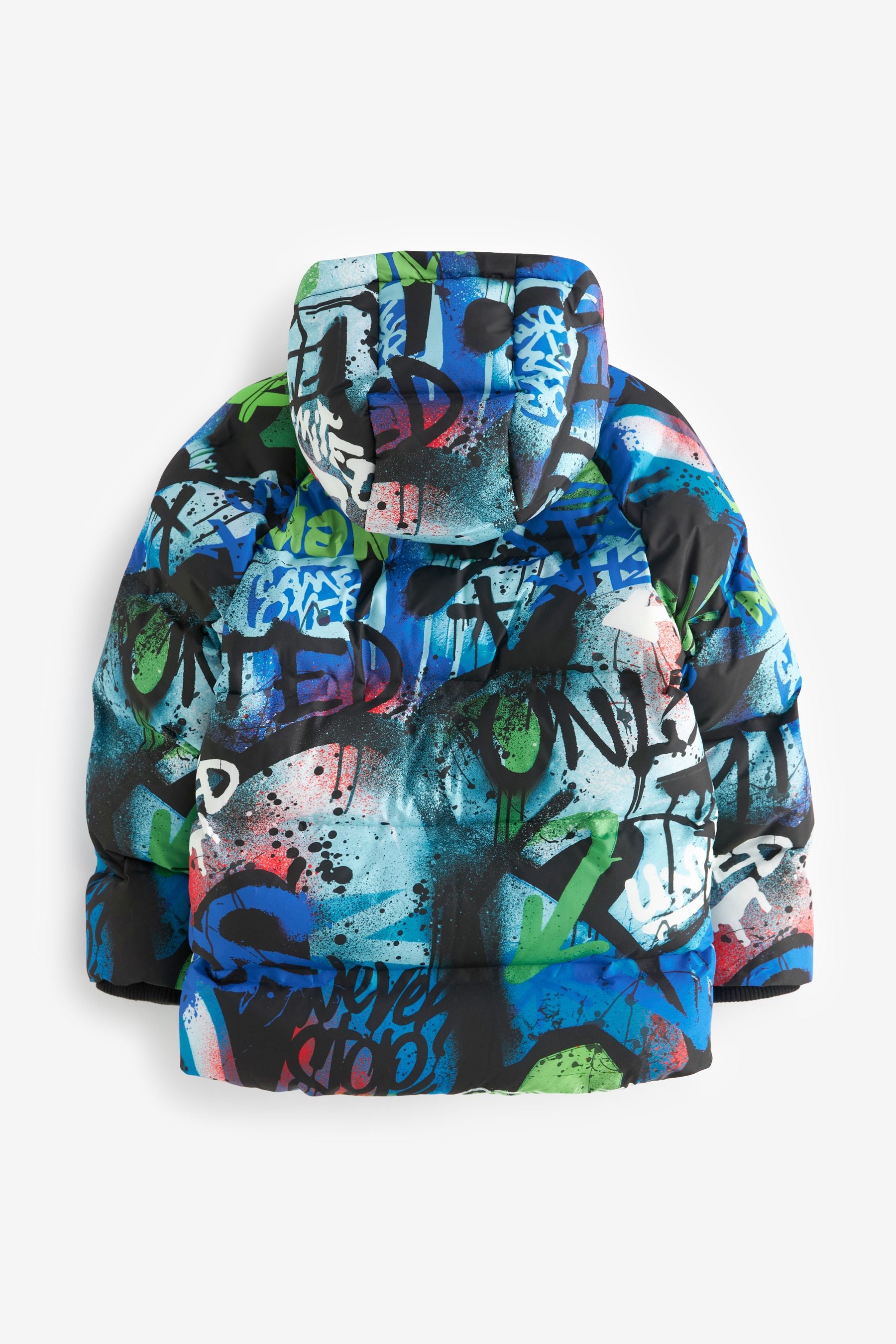 Blue Graffiti Print Fleece Lined Padded Puffer Coat (3-16yrs)