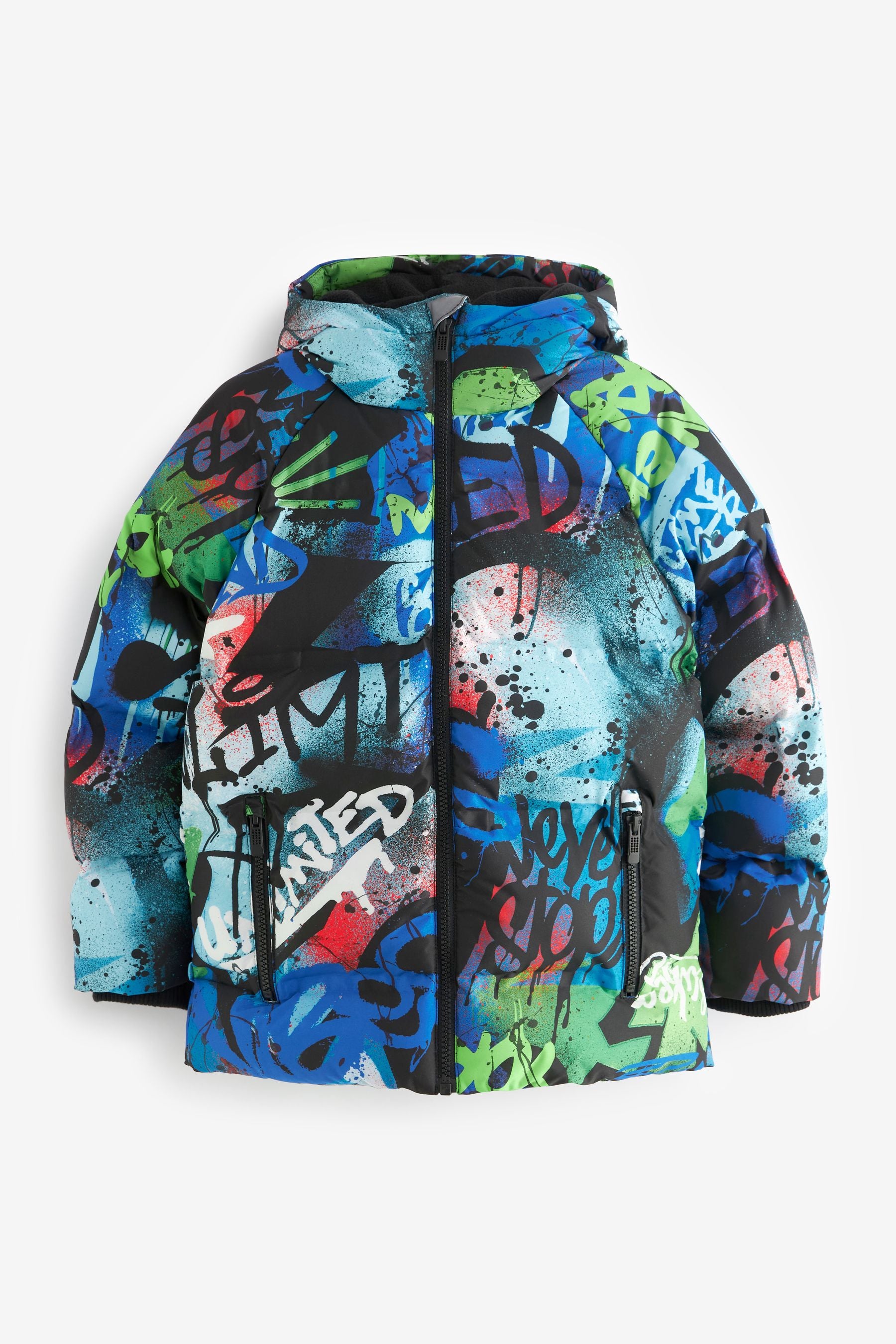 Blue Graffiti Print Fleece Lined Padded Puffer Coat (3-16yrs)