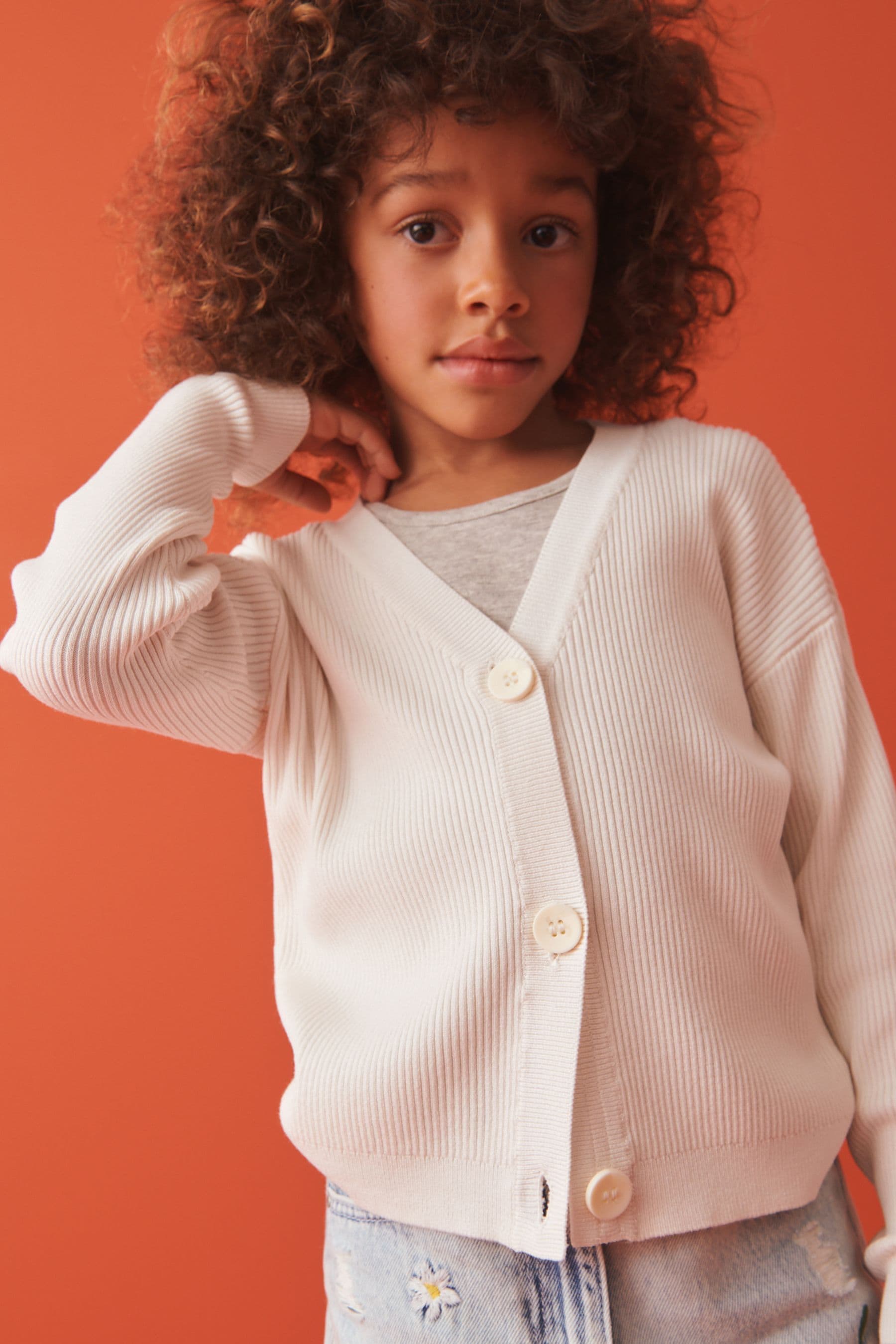 Ecru Cream Ribbed V-Neck Cardigan (3-16yrs)