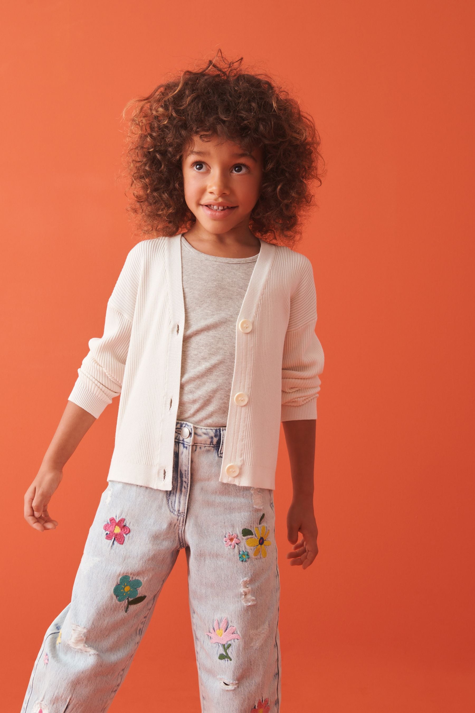 Ecru Cream Ribbed V-Neck Cardigan (3-16yrs)