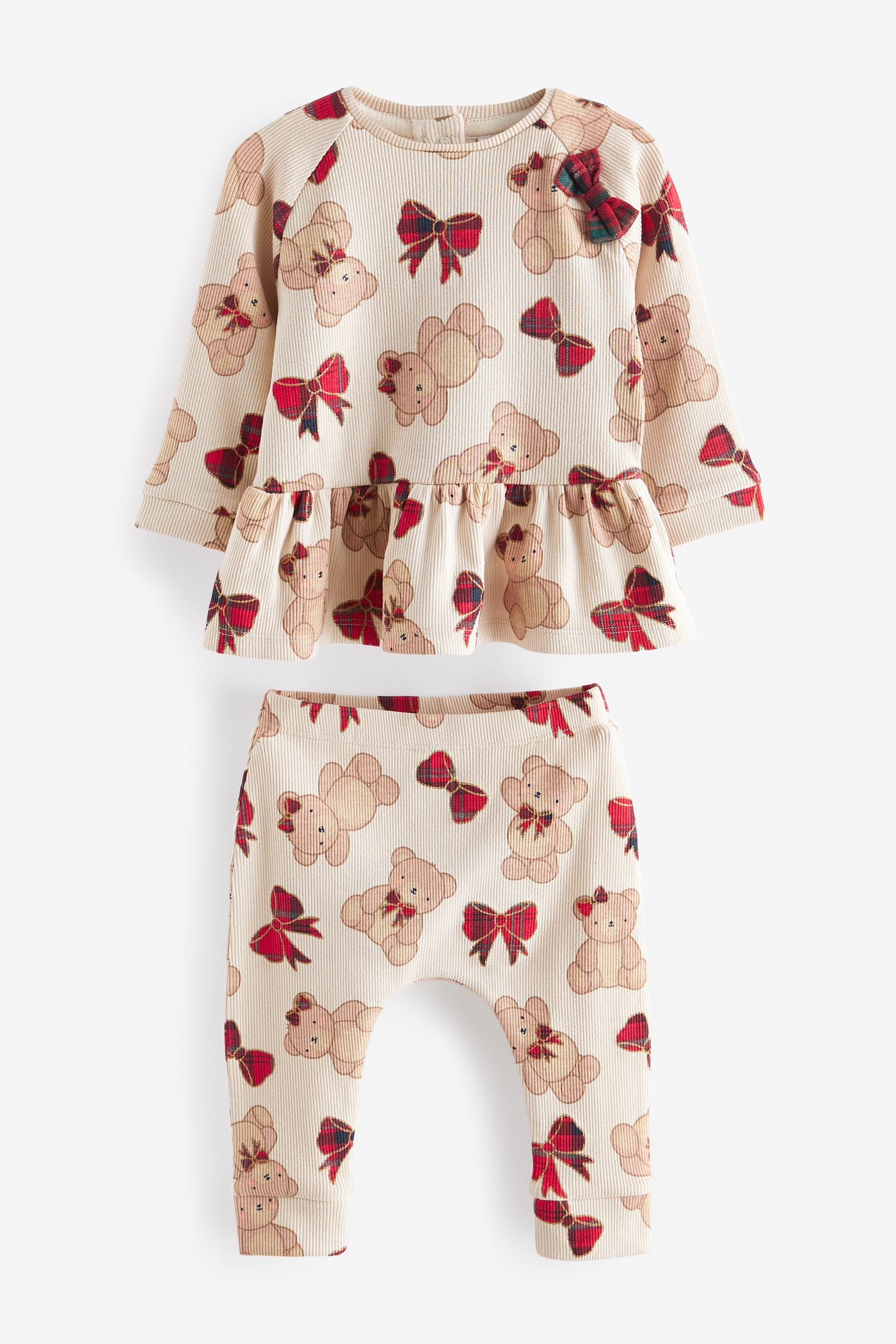 Cream Tartan Bow Bear Baby Top And Leggings Set