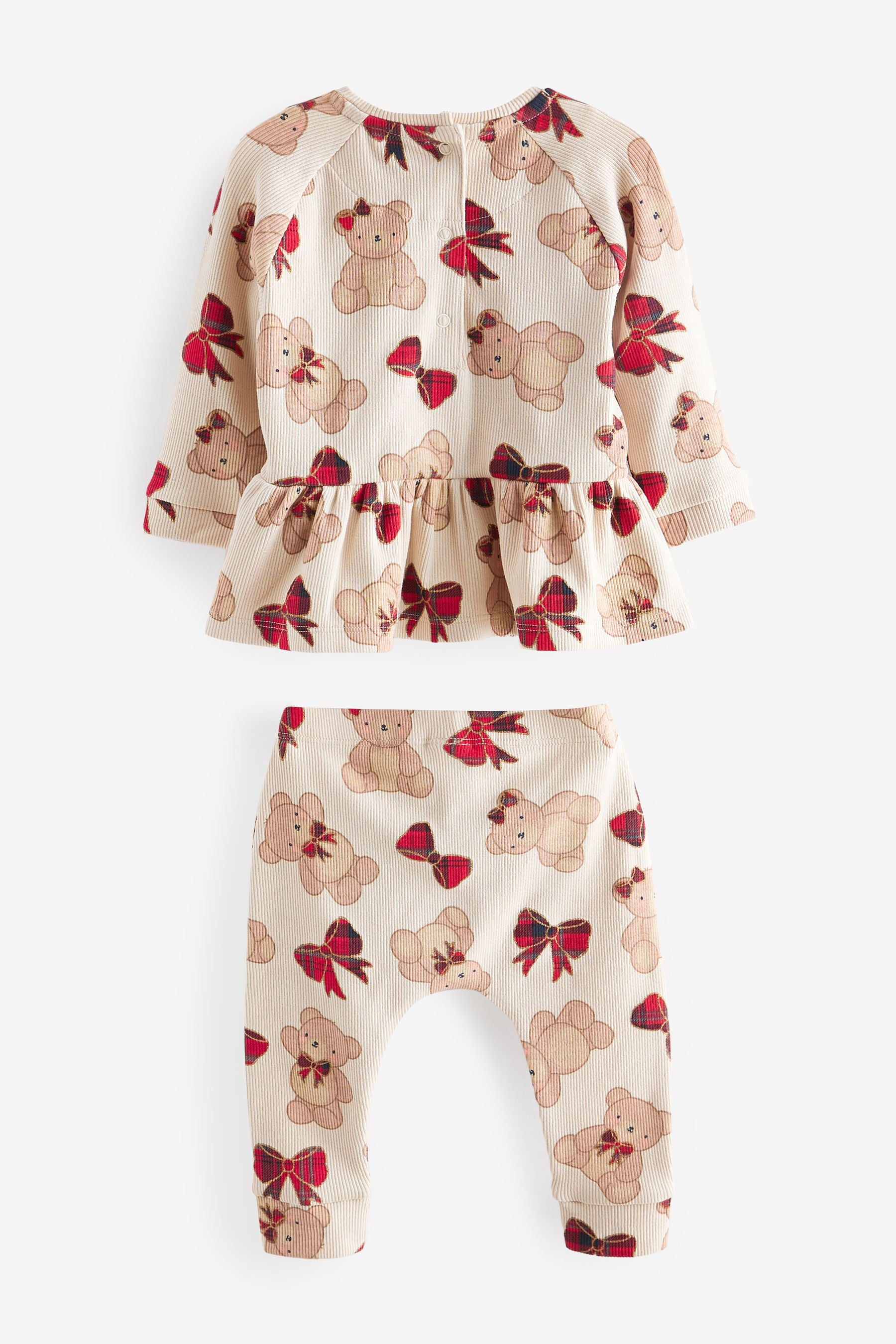 Cream Tartan Bow Bear Baby Top And Leggings Set