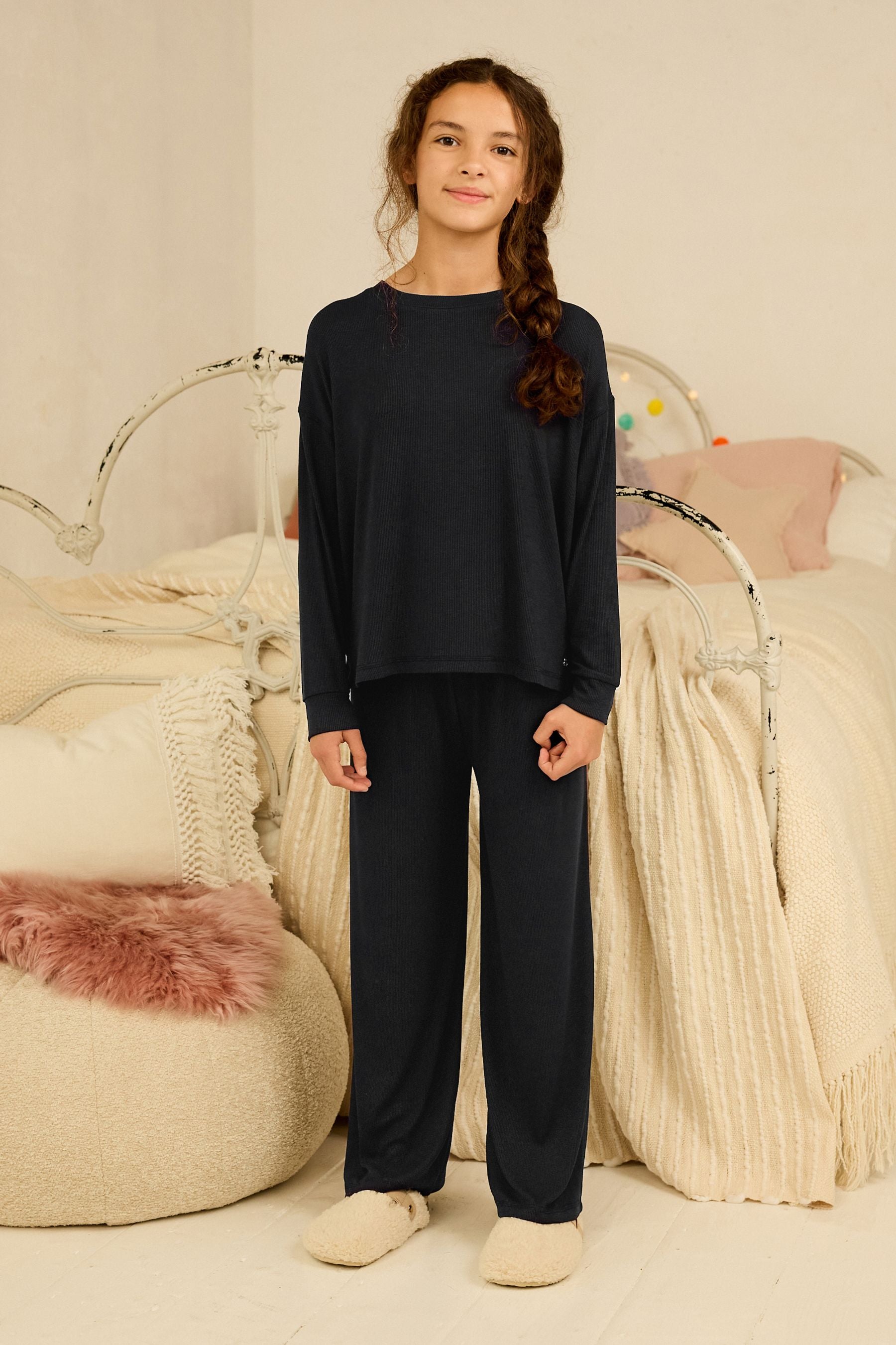 Black Ribbed Wide Leg Pyjamas (6-16yrs)