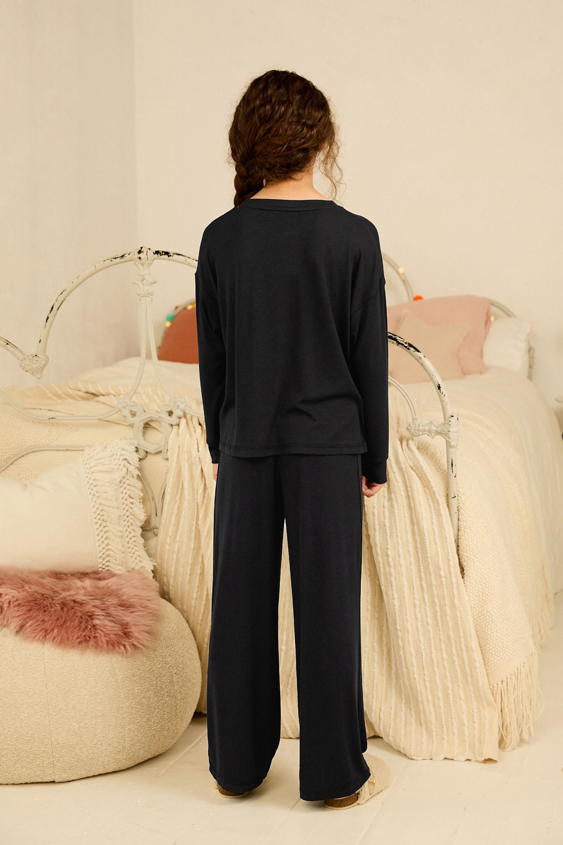 Black Ribbed Wide Leg Pyjamas (6-16yrs)