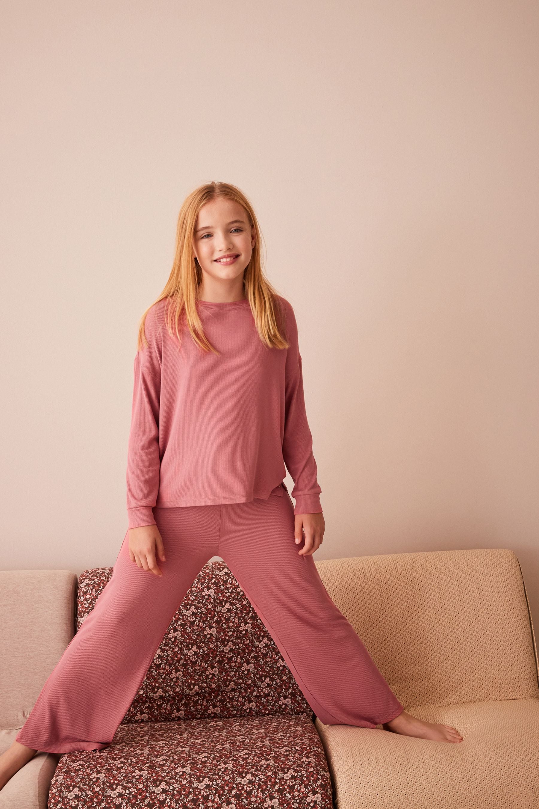 Pink Ribbed Wide Leg Pyjamas (6-16yrs)